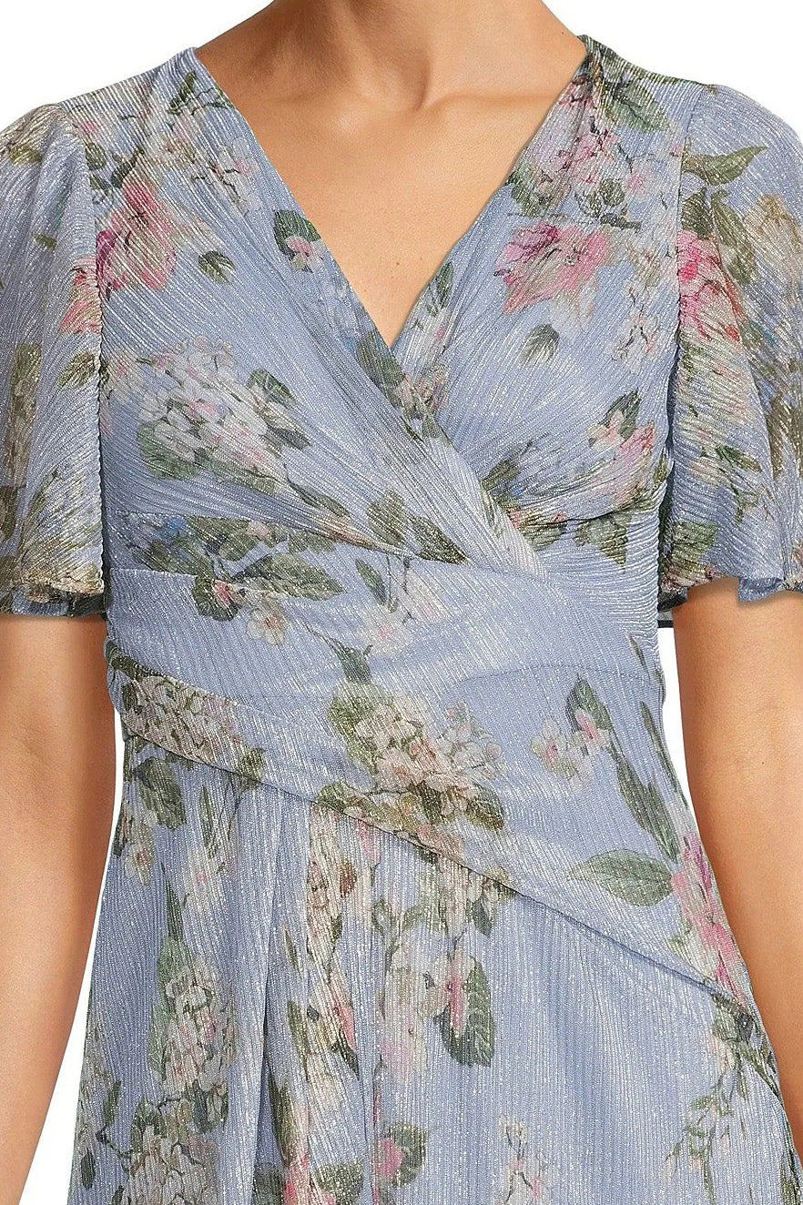 Adrianna Papell V Neck Back Zipper Flutter Short Sleeves Long Metallic Mesh Gown - DUSTY BLUE MULTI - detailed view