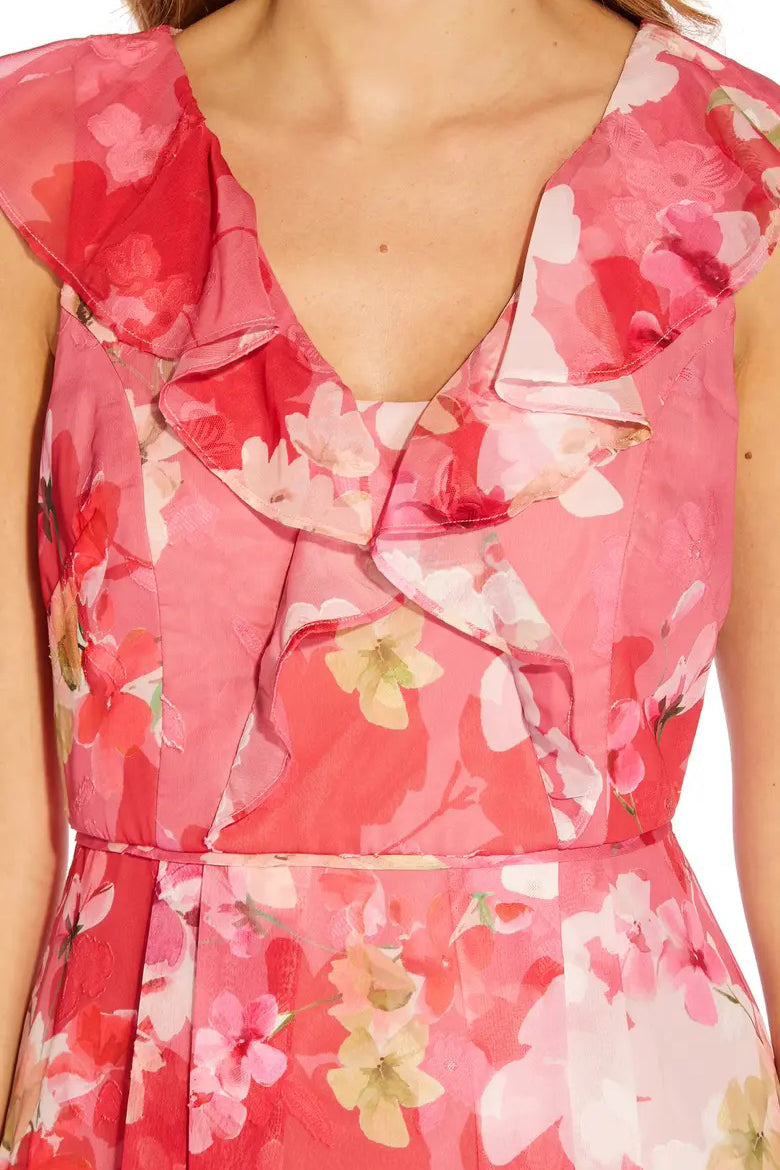 Adrianna Papell V-Neck Sleeveless Back Zipper Long Chiffon Dress - PINK MULTI - Fabric