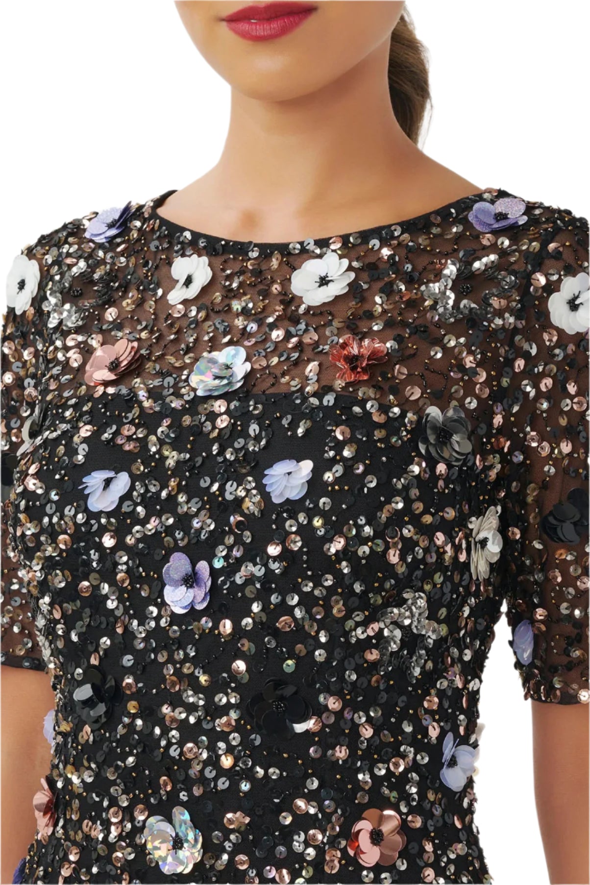 Adrianna Papell Boat Neck Short Sleeves Back Zipper Short Beaded Dress - BLACK GOLD - fabric