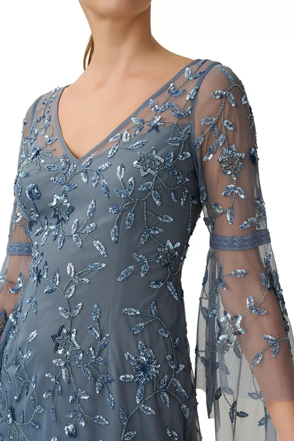 Adrianna Papell V-Neck Circular Sleeve Zipper Back Embellished Mesh Dress - DUSTY BLUE - Fabric