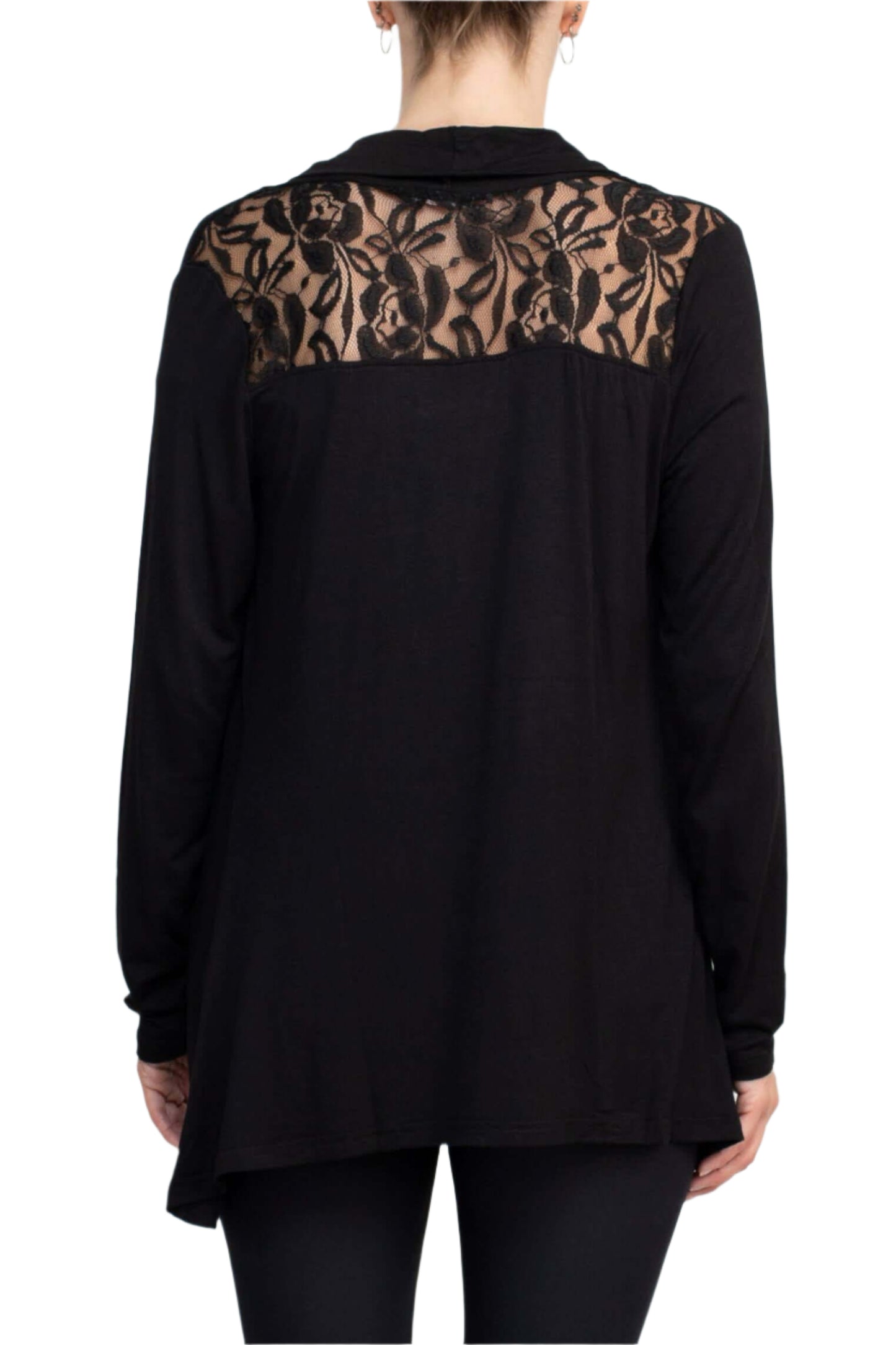 Anne Rose Open Front Long Sleeve Embroidered Back Jersey Jacket - BLACK - back