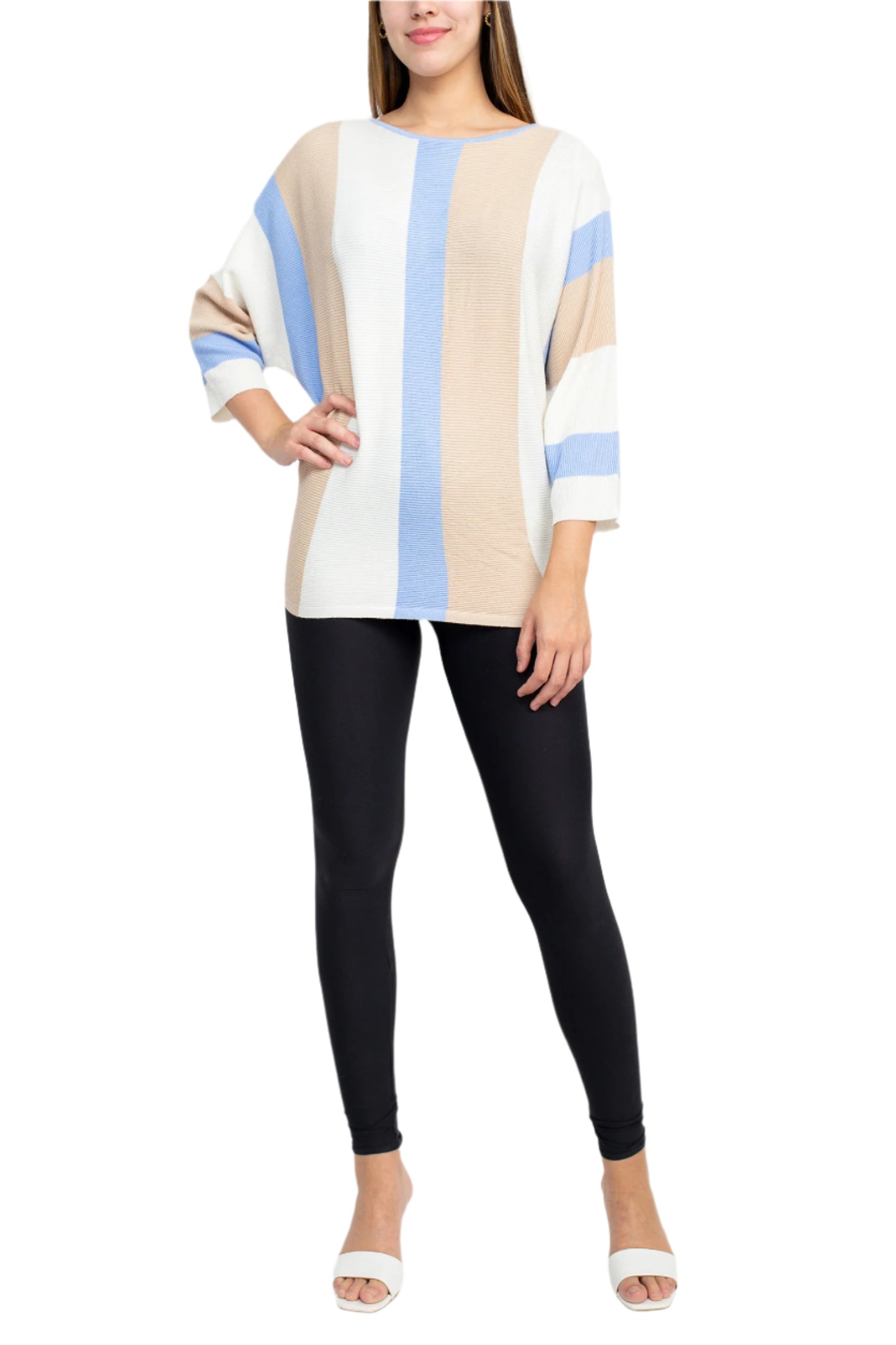 Cyrus Boat Neck 3/4 Sleeve Multi Color Knit Top - ICE WTR BBERRY CREMA - FRONT VIEW