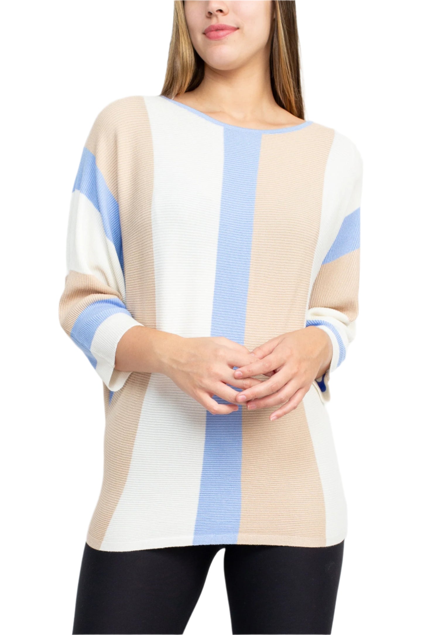 Cyrus Boat Neck 3/4 Sleeve Multi Color Knit Top - ICE WATER BLUEBERRY CREMA - FRONT