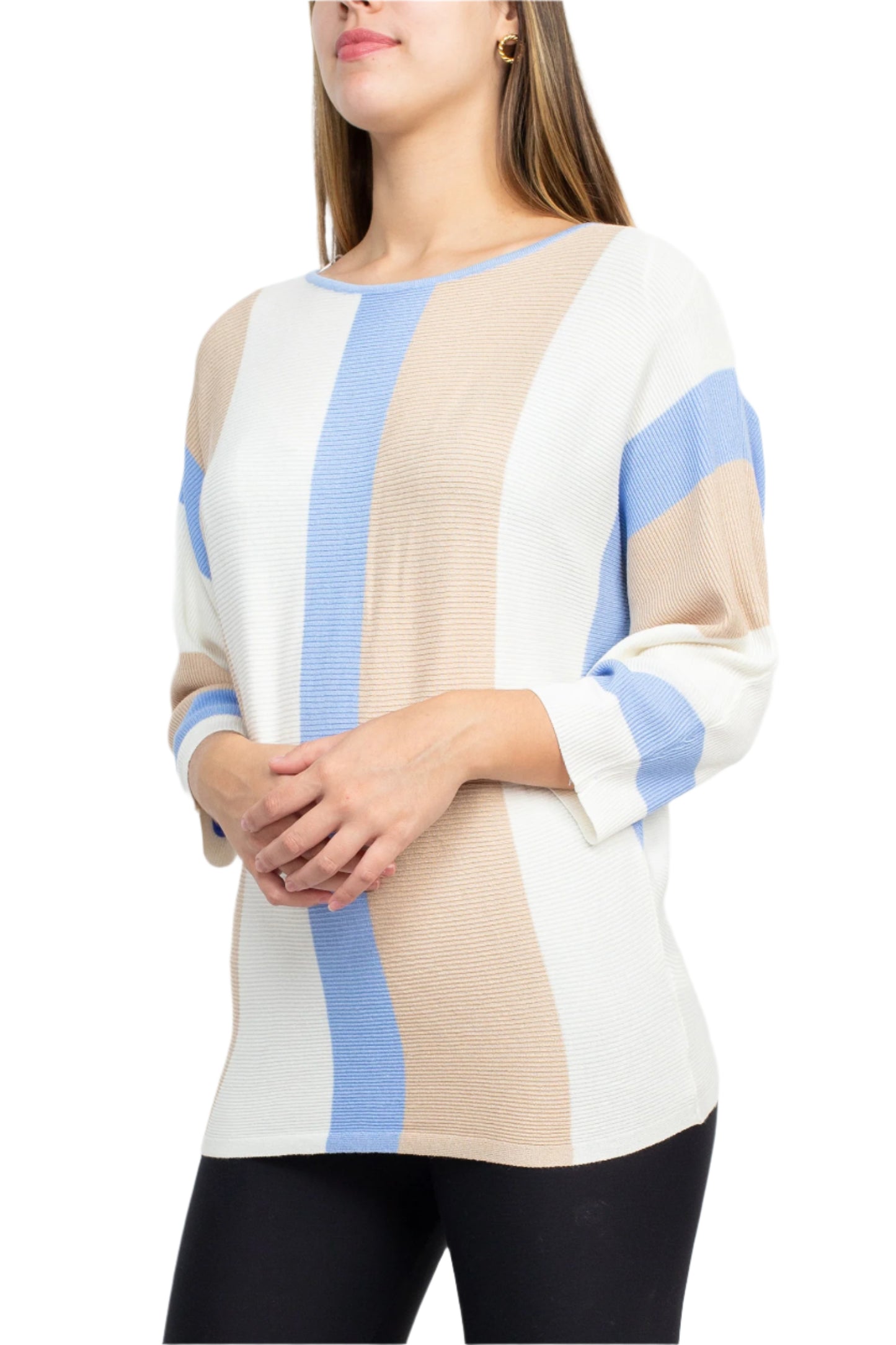 Cyrus Boat Neck 3/4 Sleeve Multi Color Knit Top - ICE WATER BLUEBERRY CREMA - SIDE