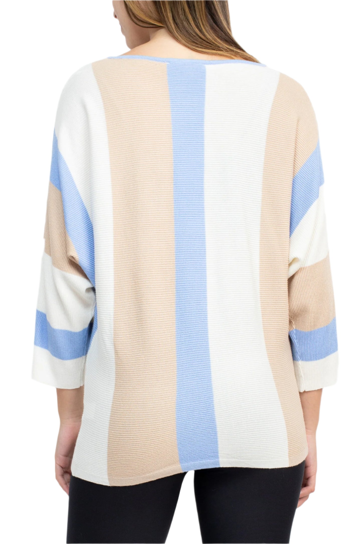 Cyrus Boat Neck 3/4 Sleeve Multi Color Knit Top - ICE WATER BLUEBERRY CREMA -  BACK