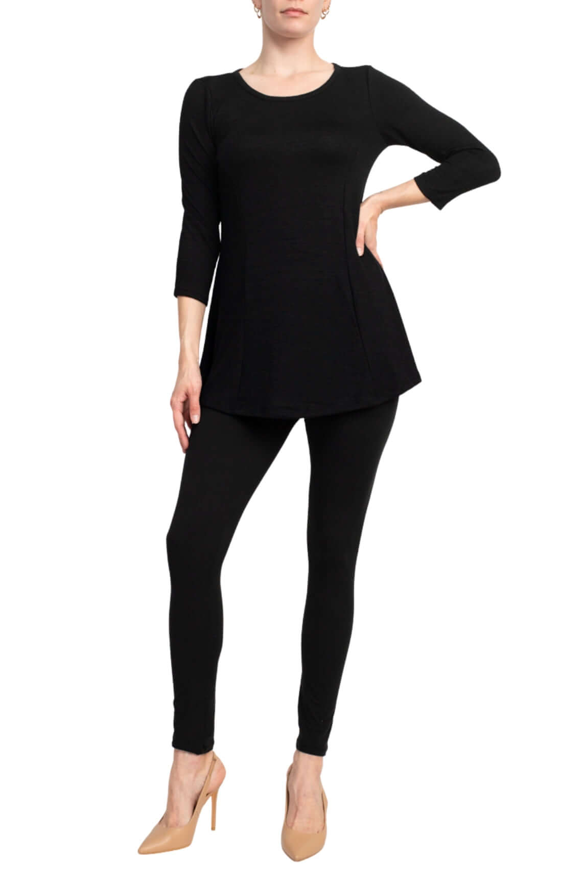 Cupio Scoop Neck 3/4 Sleeve Solid Knit Top - BLACK - FRONT FULL VIEW