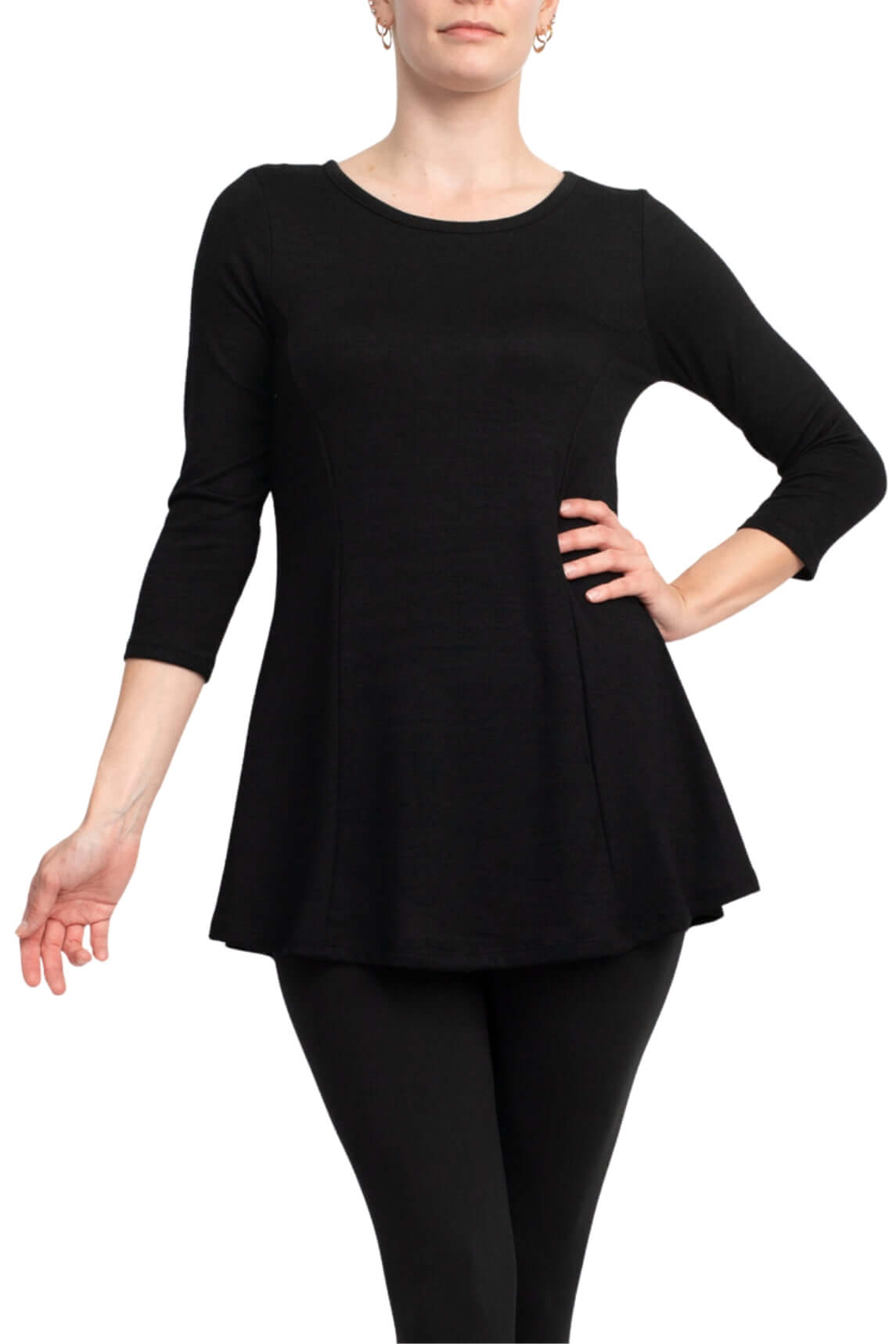 Cupio Scoop Neck 3/4 Sleeve Solid Knit Top - BLACK - FRONT VIEW