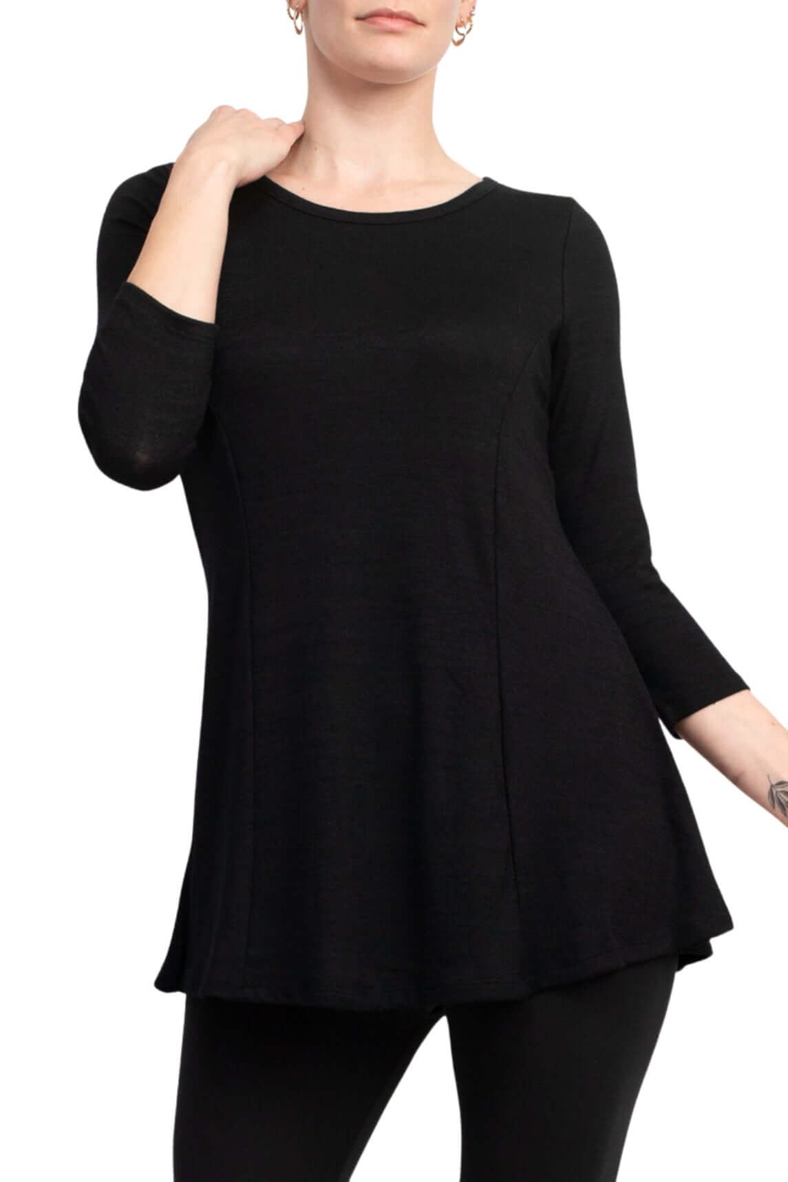 Cupio Scoop Neck 3/4 Sleeve Solid Knit Top - BLACK - FRONT VIEW