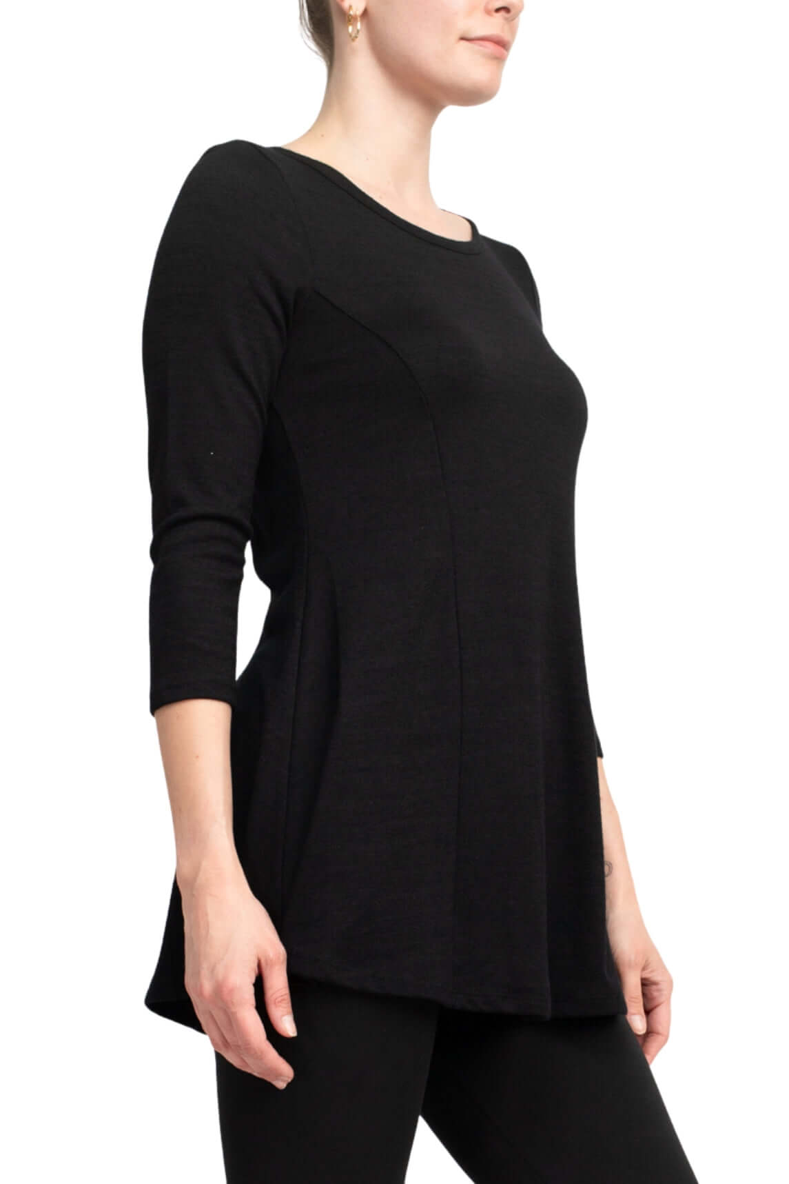 Cupio Scoop Neck 3/4 Sleeve Solid Knit Top - BLACK - SIDE