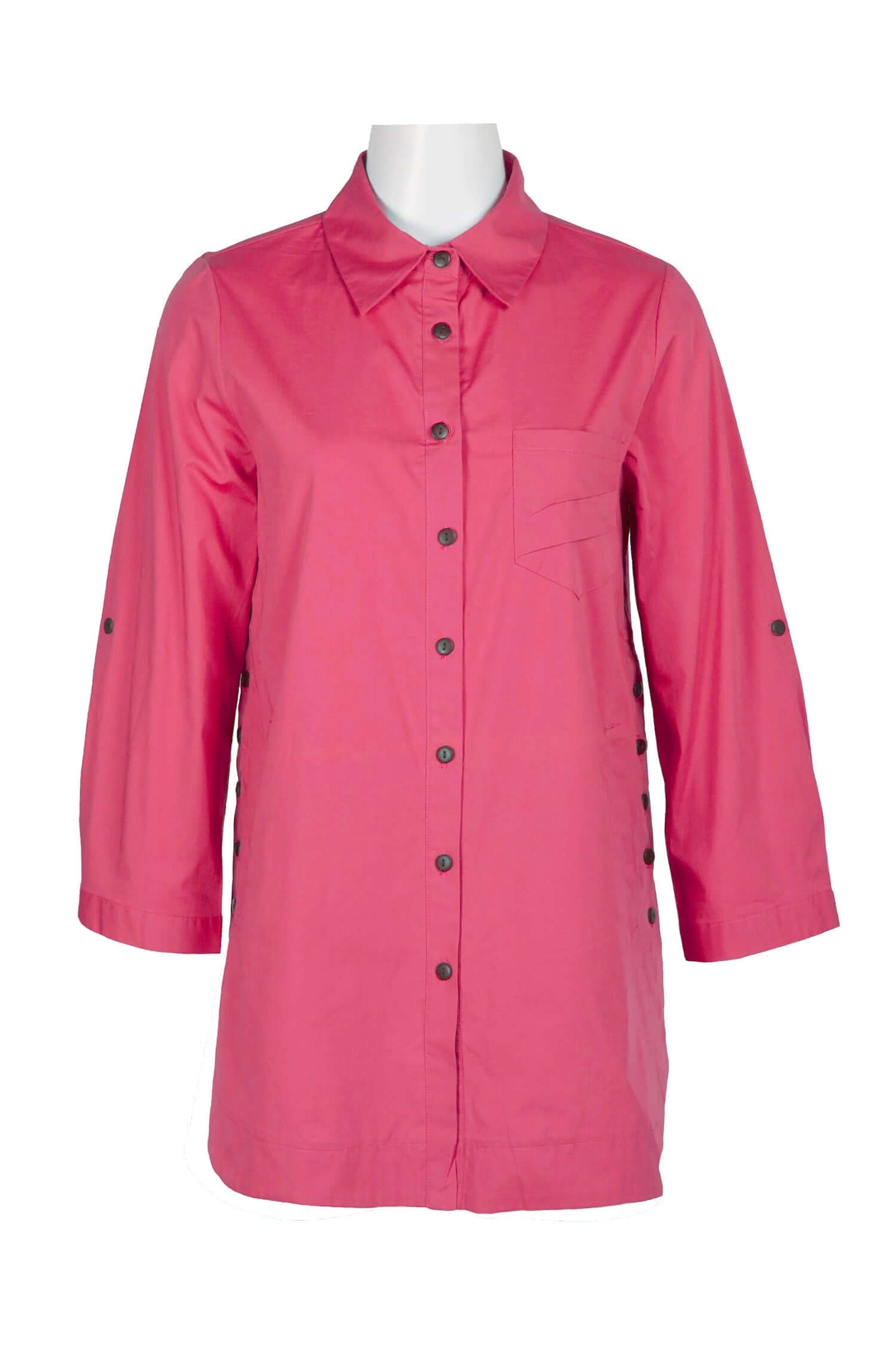 Flair Collared Button-Down Button Side 2 Way Sleeve Pockets Solid Cotton Blend Shirt - FUCHSIA - Front