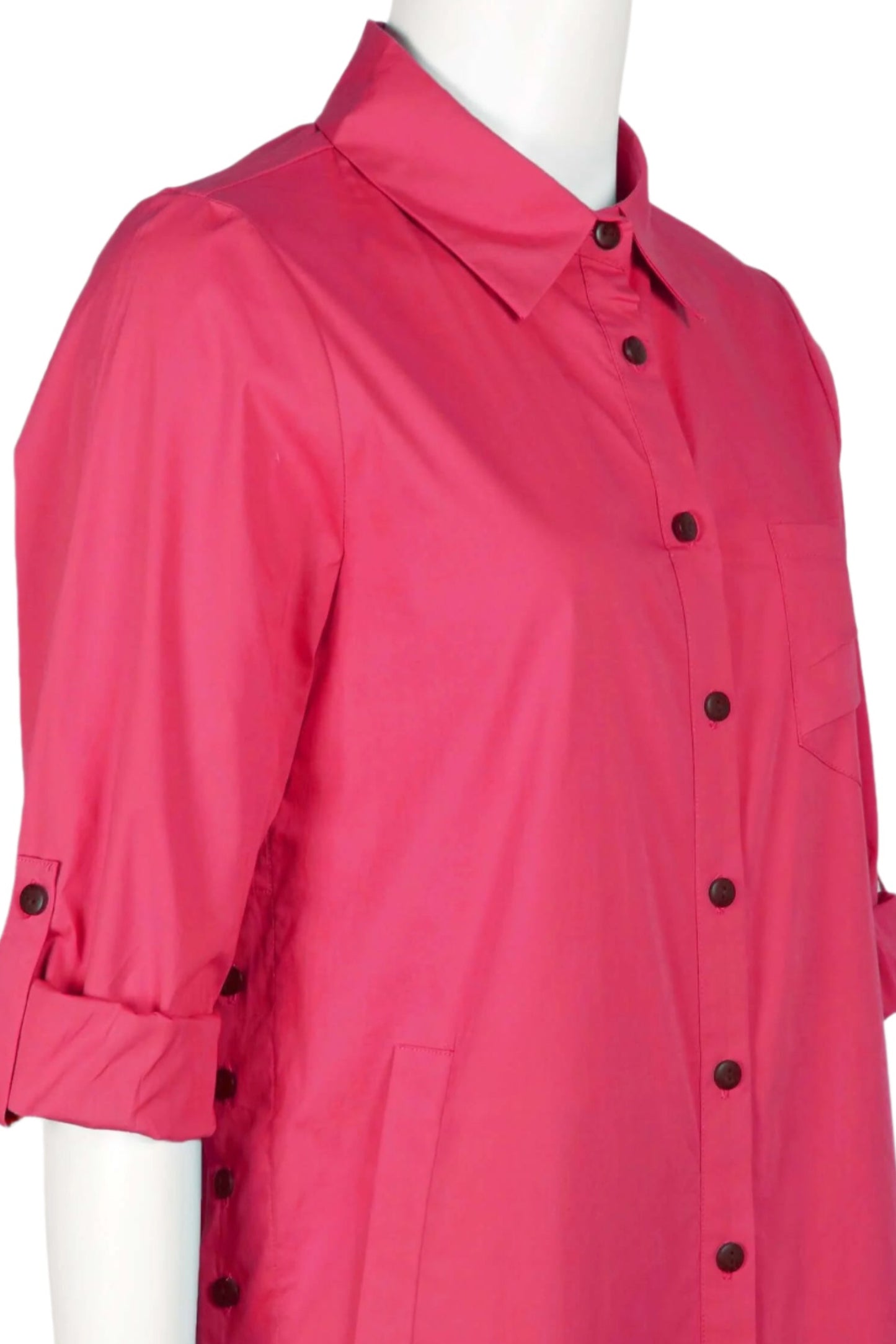 Flair Collared Button-Down Button Side 2 Way Sleeve Pockets Solid Cotton Blend Shirt - FUCHSIA - Side View