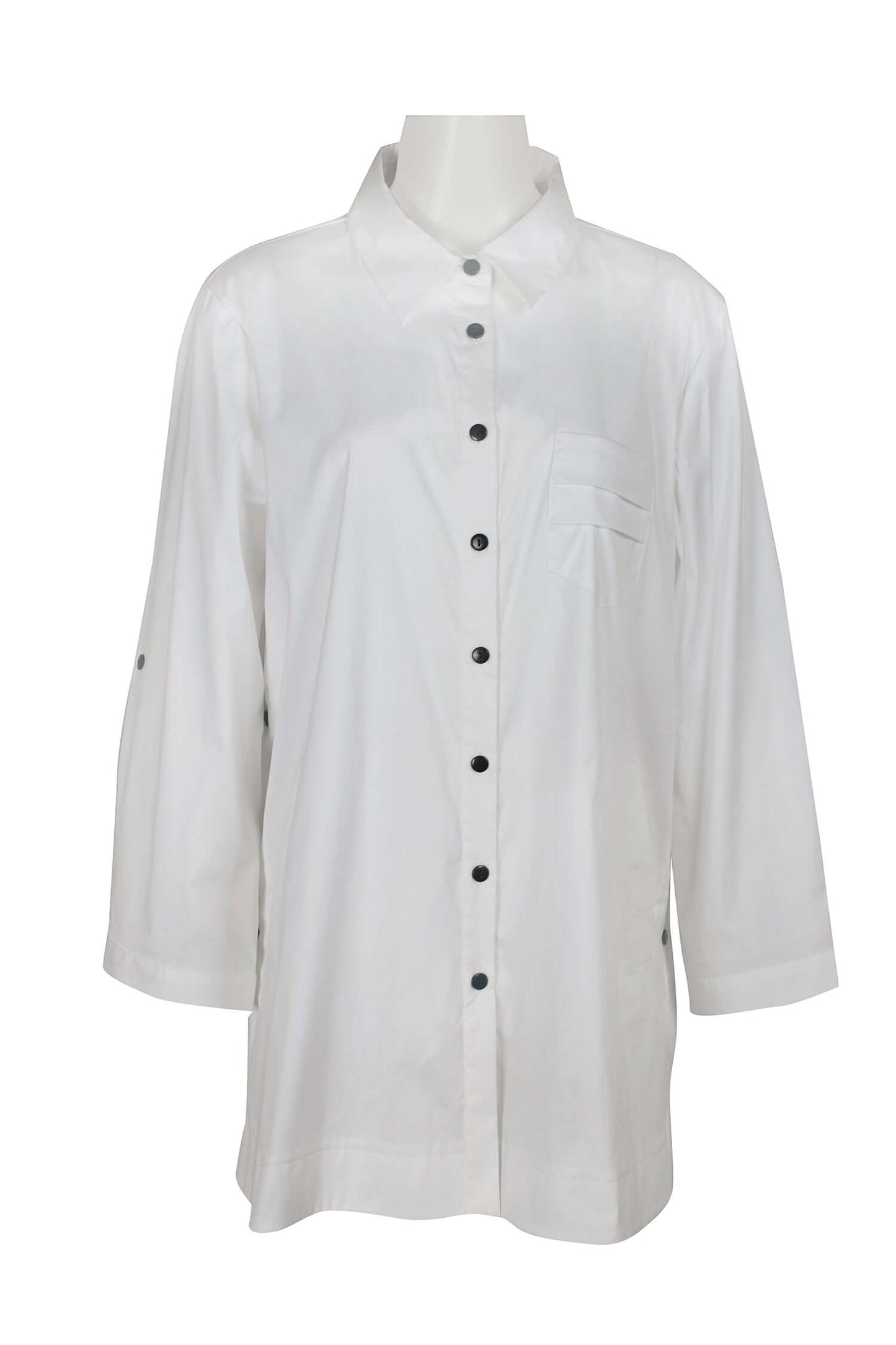 Flair Collared Button-Down Button Side 2 Way Sleeve Pockets Solid Cotton Blend Shirt - WHITE - Front