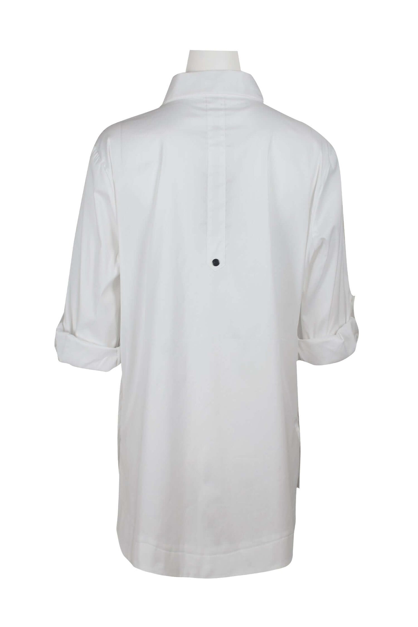 Flair Collared Button-Down Button Side 2 Way Sleeve Pockets Solid Cotton Blend Shirt - WHITE - Back