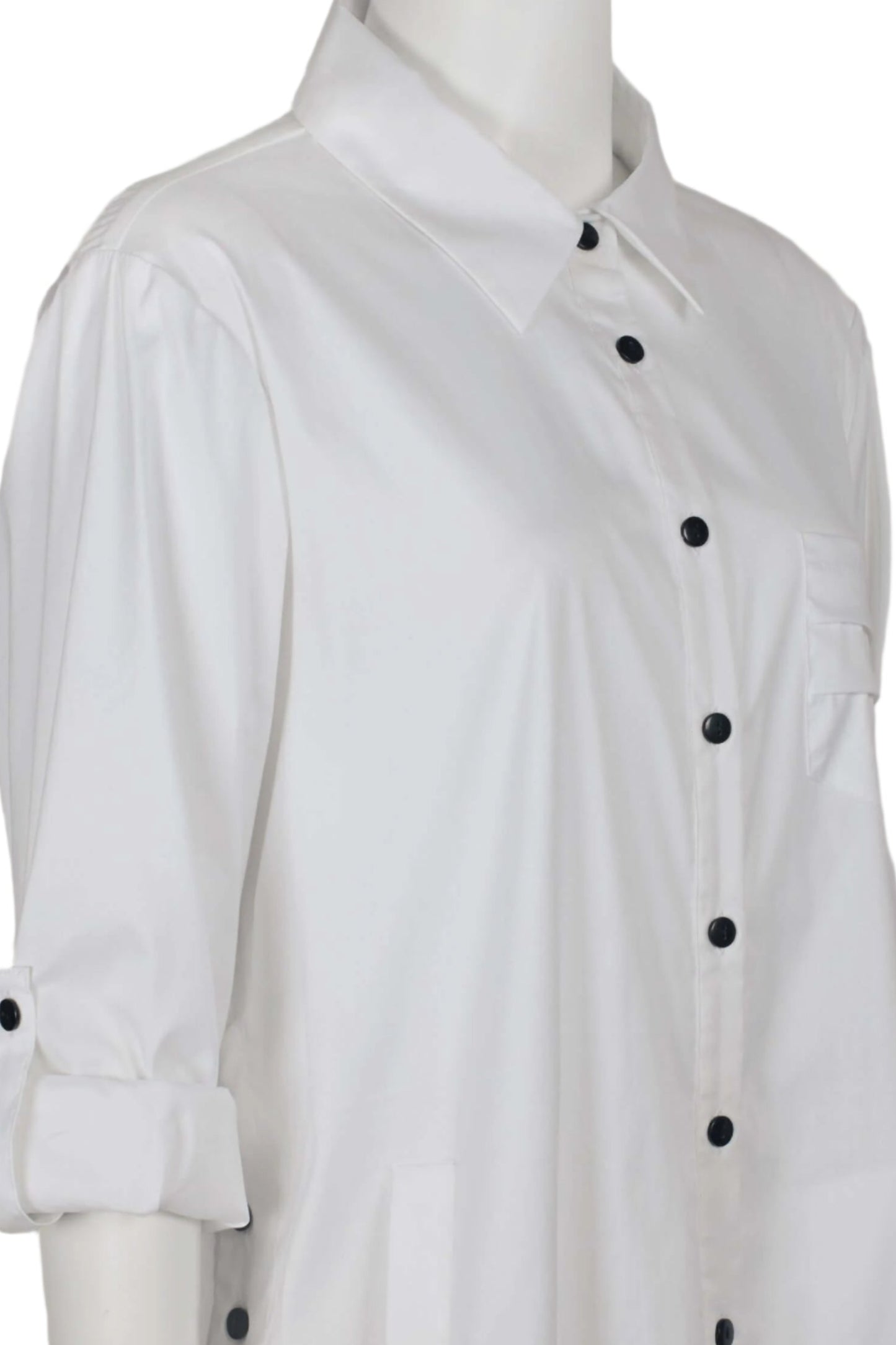 Flair Collared Button-Down Button Side 2 Way Sleeve Pockets Solid Cotton Blend Shirt - WHITE - Side View