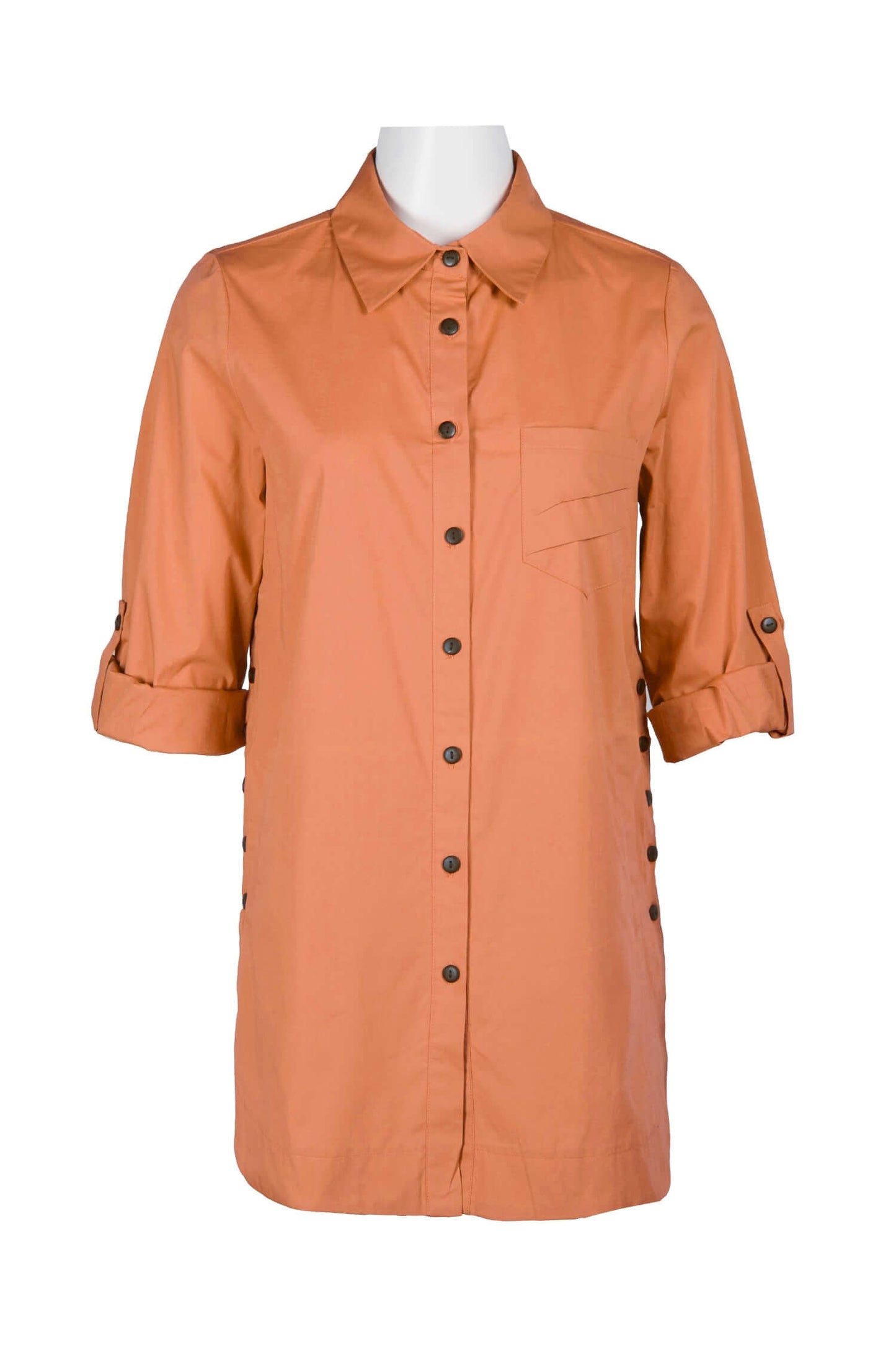 Flair Collared Button-Down Button Side 2 Way Sleeve Pockets Solid Cotton Blend Shirt - RUST - Front