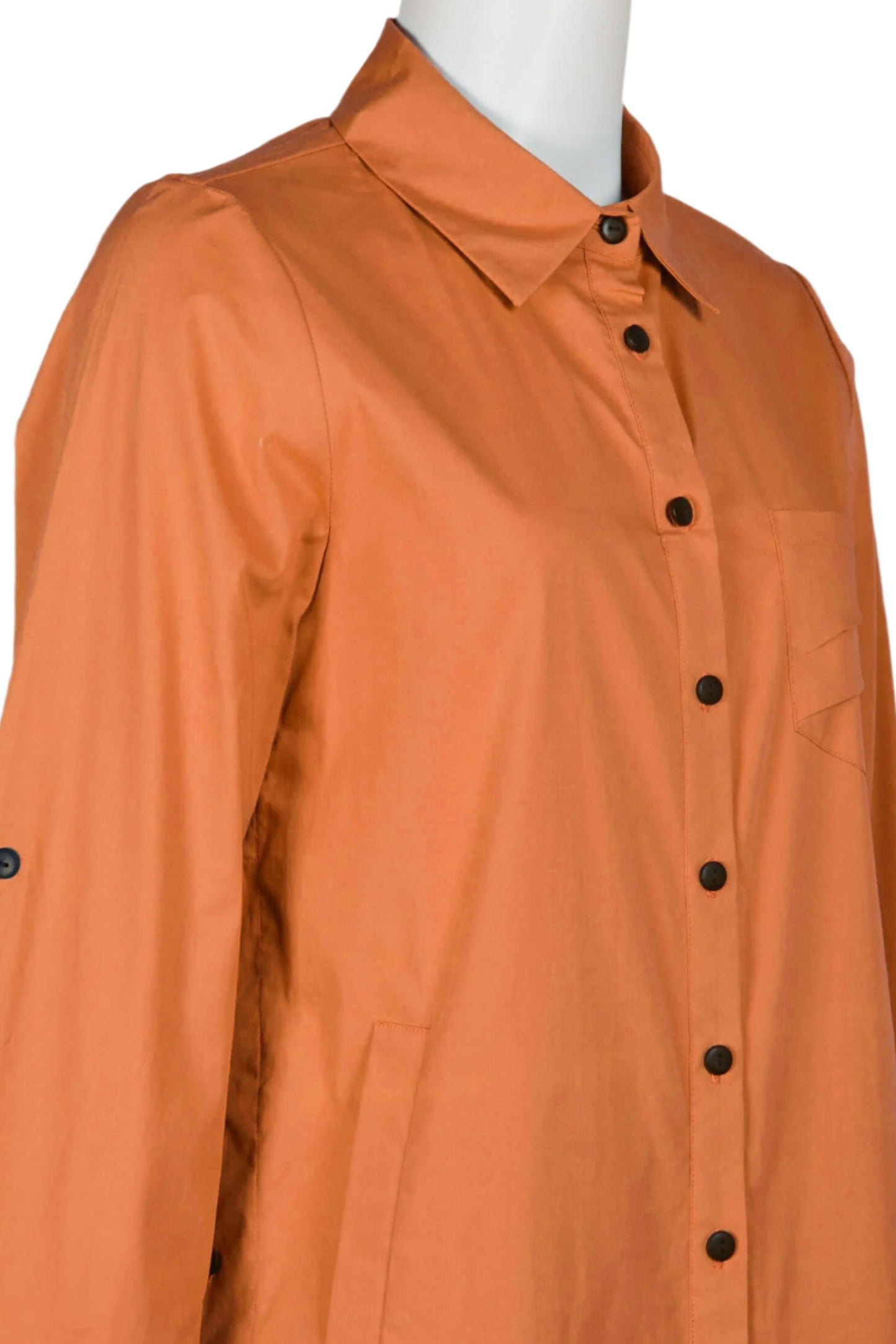 Flair Collared Button-Down Button Side 2 Way Sleeve Pockets Solid Cotton Blend Shirt - RUST - Side View
