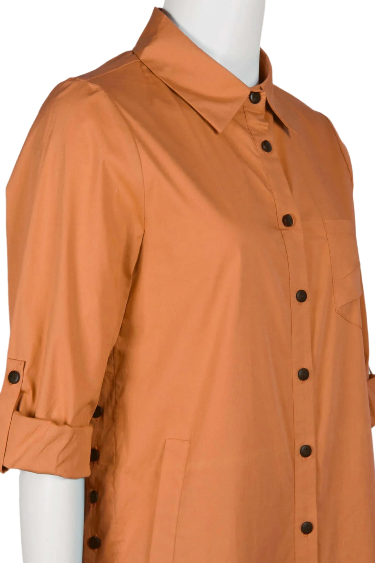 Flair Collared Button-Down Button Side 2 Way Sleeve Pockets Solid Cotton Blend Shirt - RUST - Side