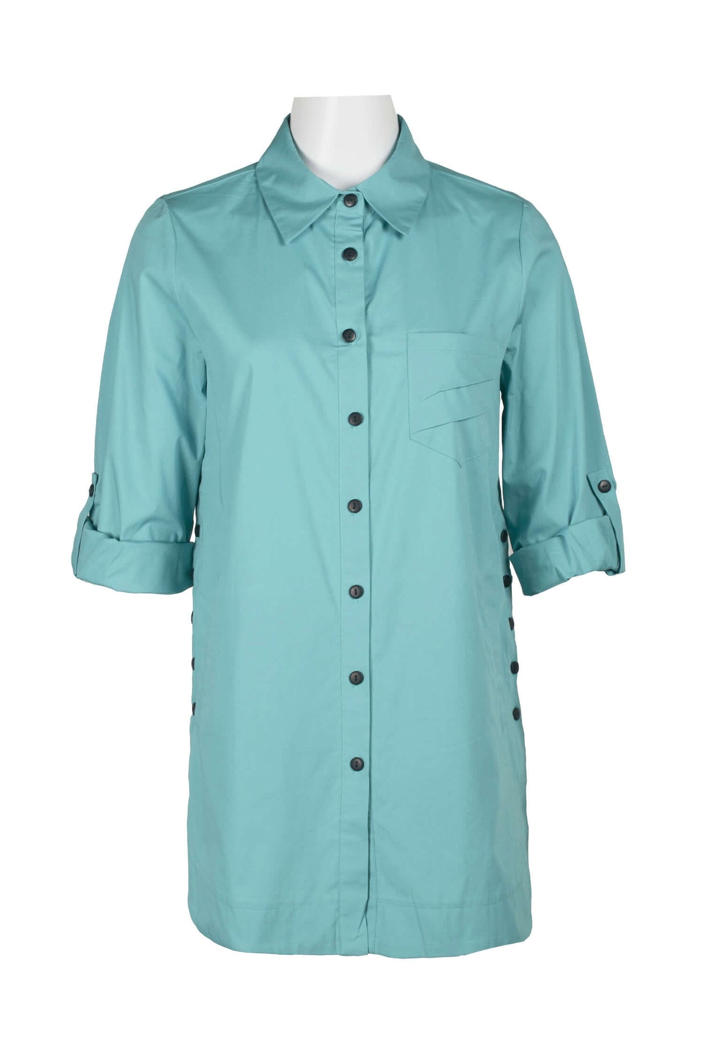 Flair Collared Button-Down Button Side 2 Way Sleeve Pockets Solid Cotton Blend Shirt - SURF - Front