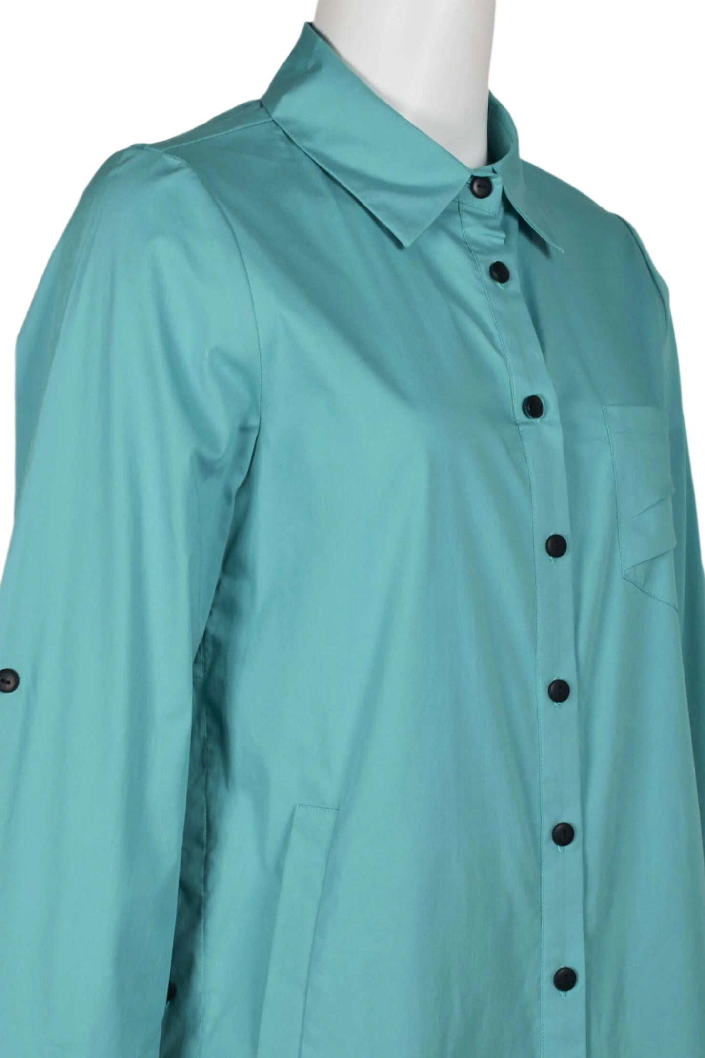 Flair Collared Button-Down Button Side 2 Way Sleeve Pockets Solid Cotton Blend Shirt - SURF - Side