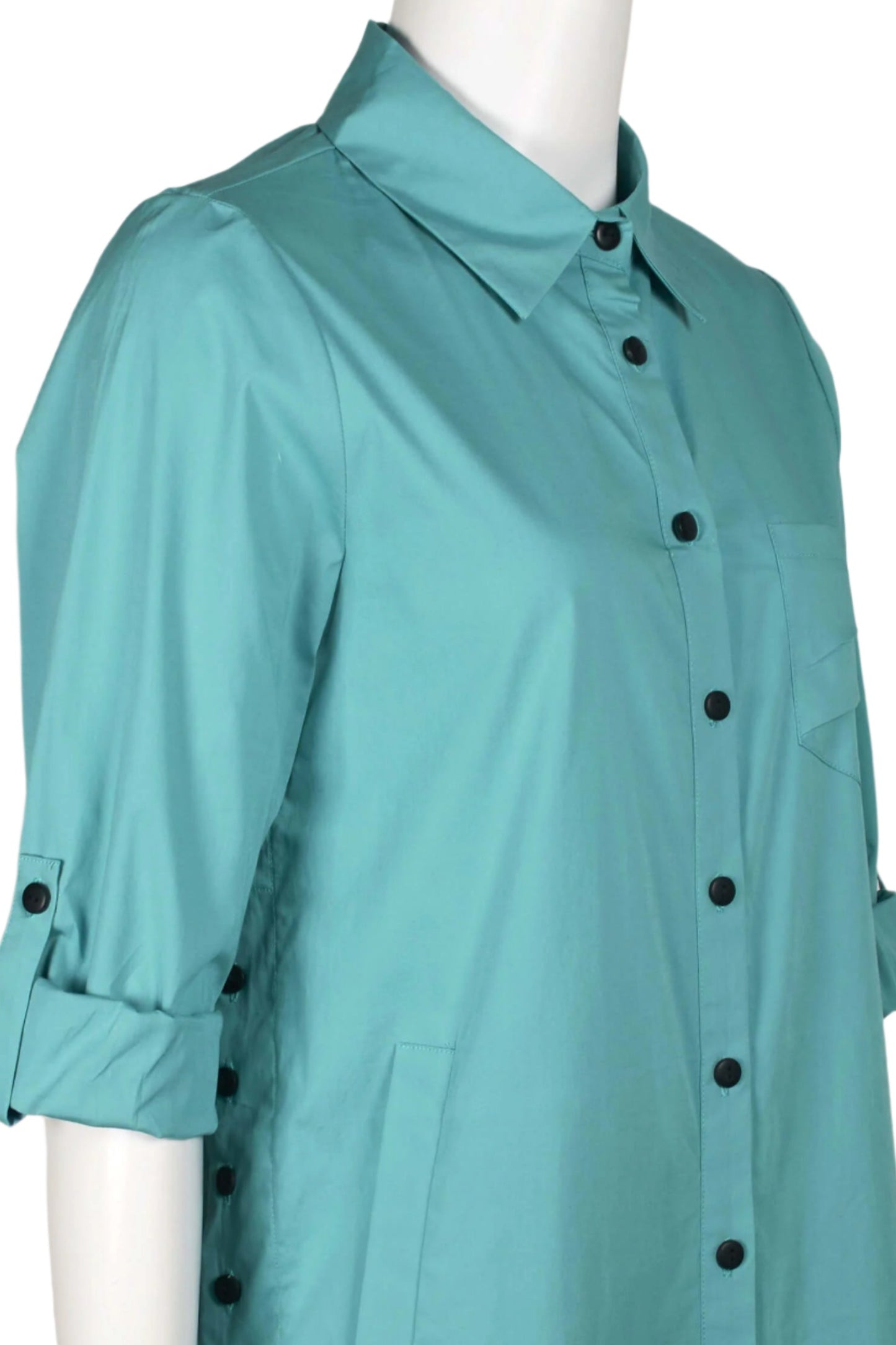 Flair Collared Button-Down Button Side 2 Way Sleeve Pockets Solid Cotton Blend Shirt - SURF - Side View