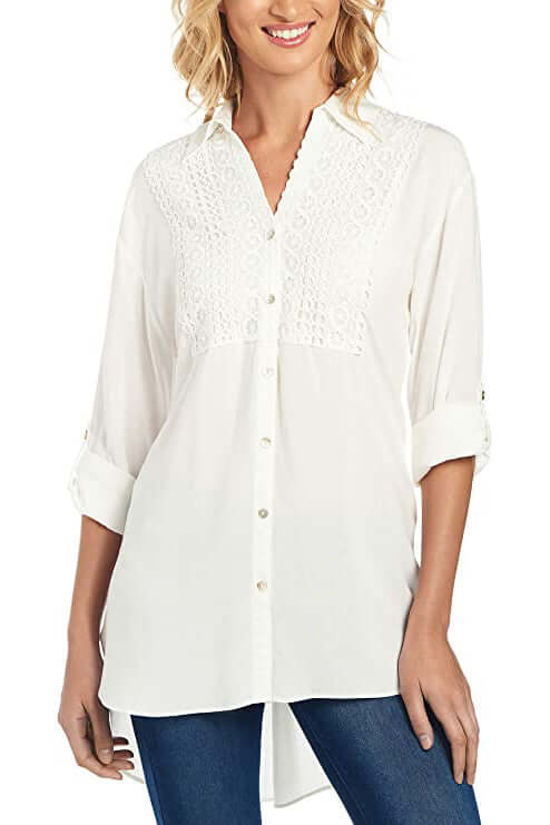 Cupio Collared Button Down 2 Way Sleeve Embellished Hi-Low Hem Viscose Top - IVORY - FRONT