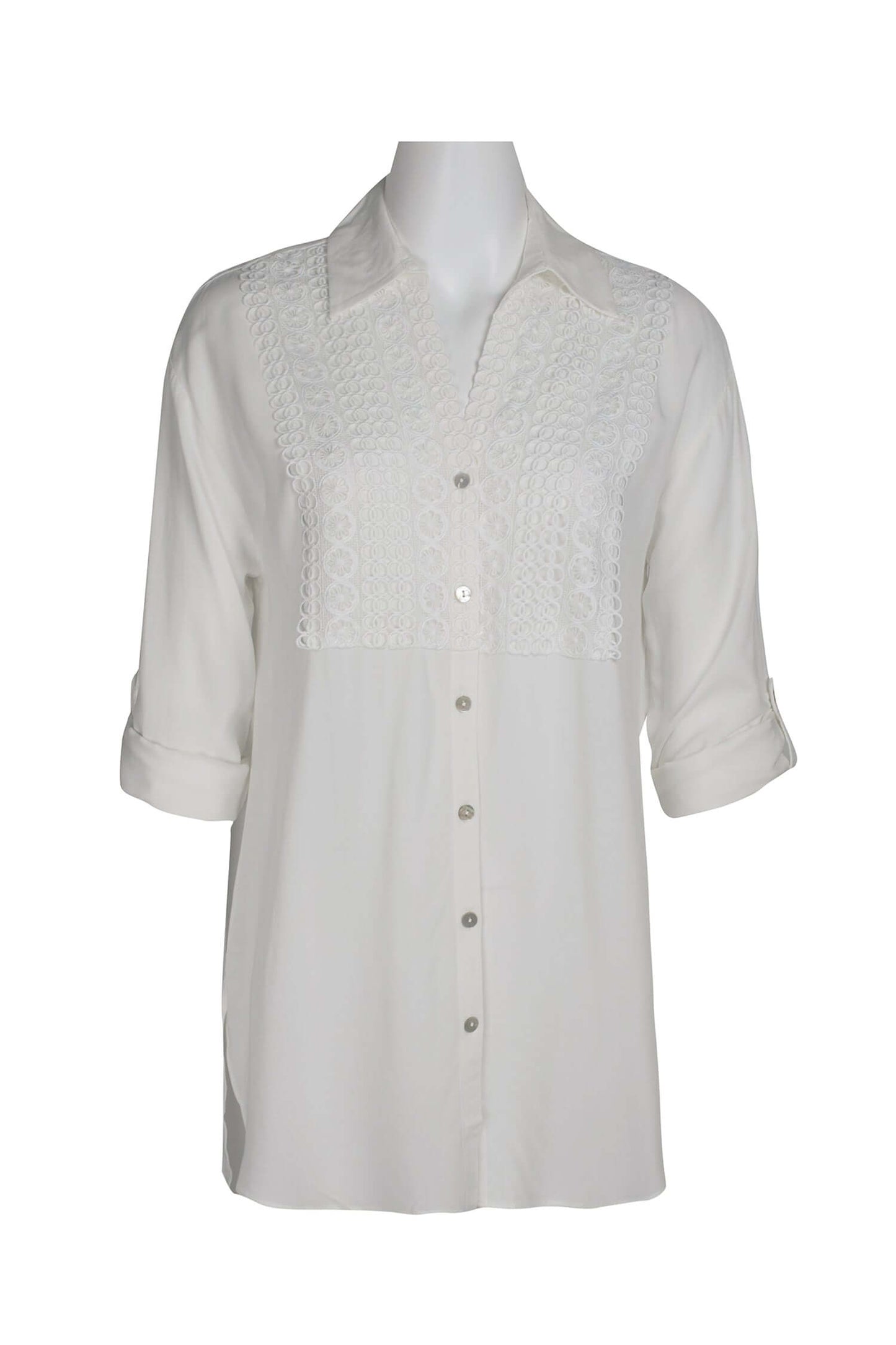 Cupio Collared Button Down 2 Way Sleeve Embellished Hi-Low Hem Viscose Top - IVORY - FRONT VIEW