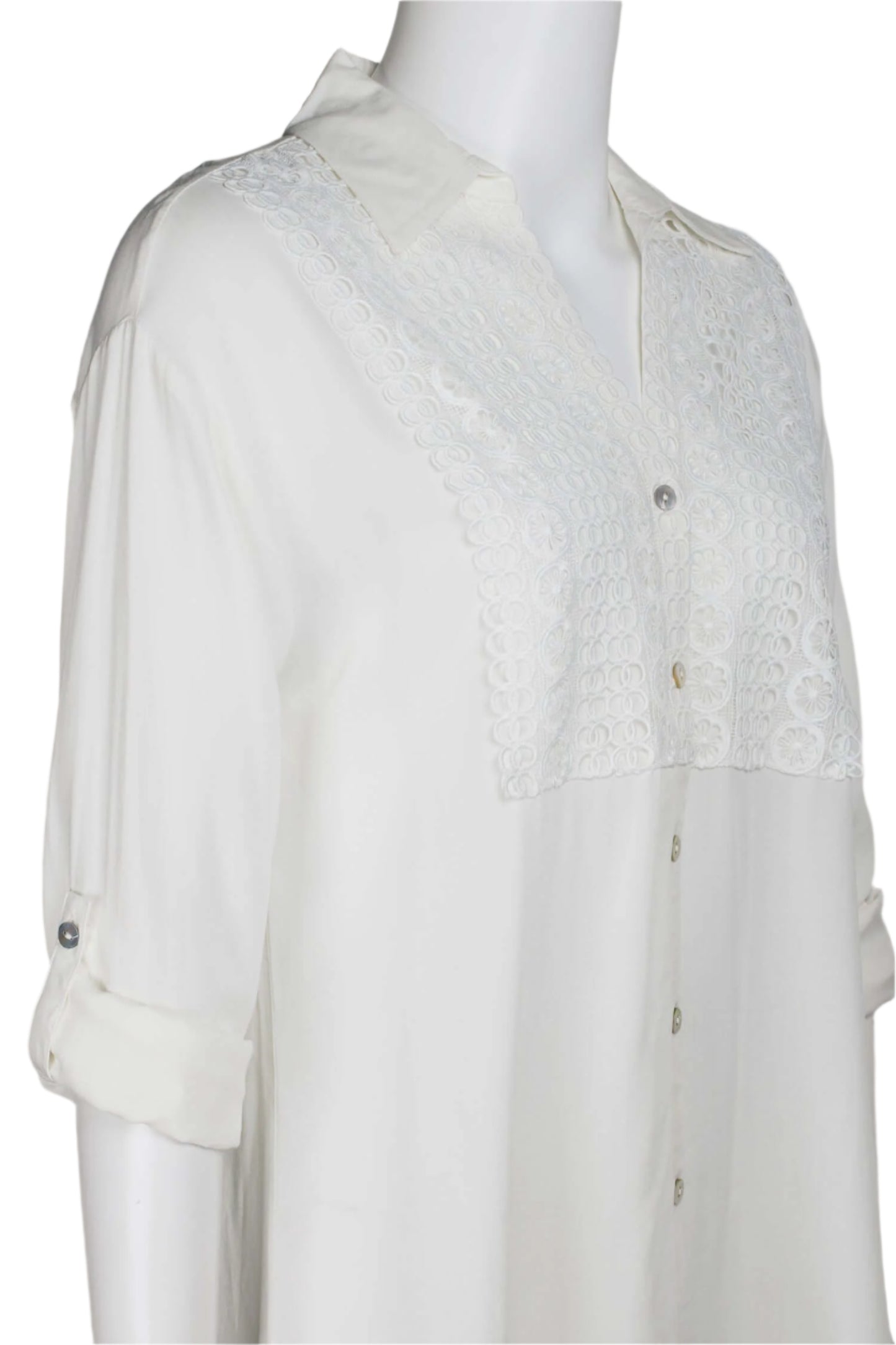 Cupio Collared Button Down 2 Way Sleeve Embellished Hi-Low Hem Viscose Top - IVORY - SIDE