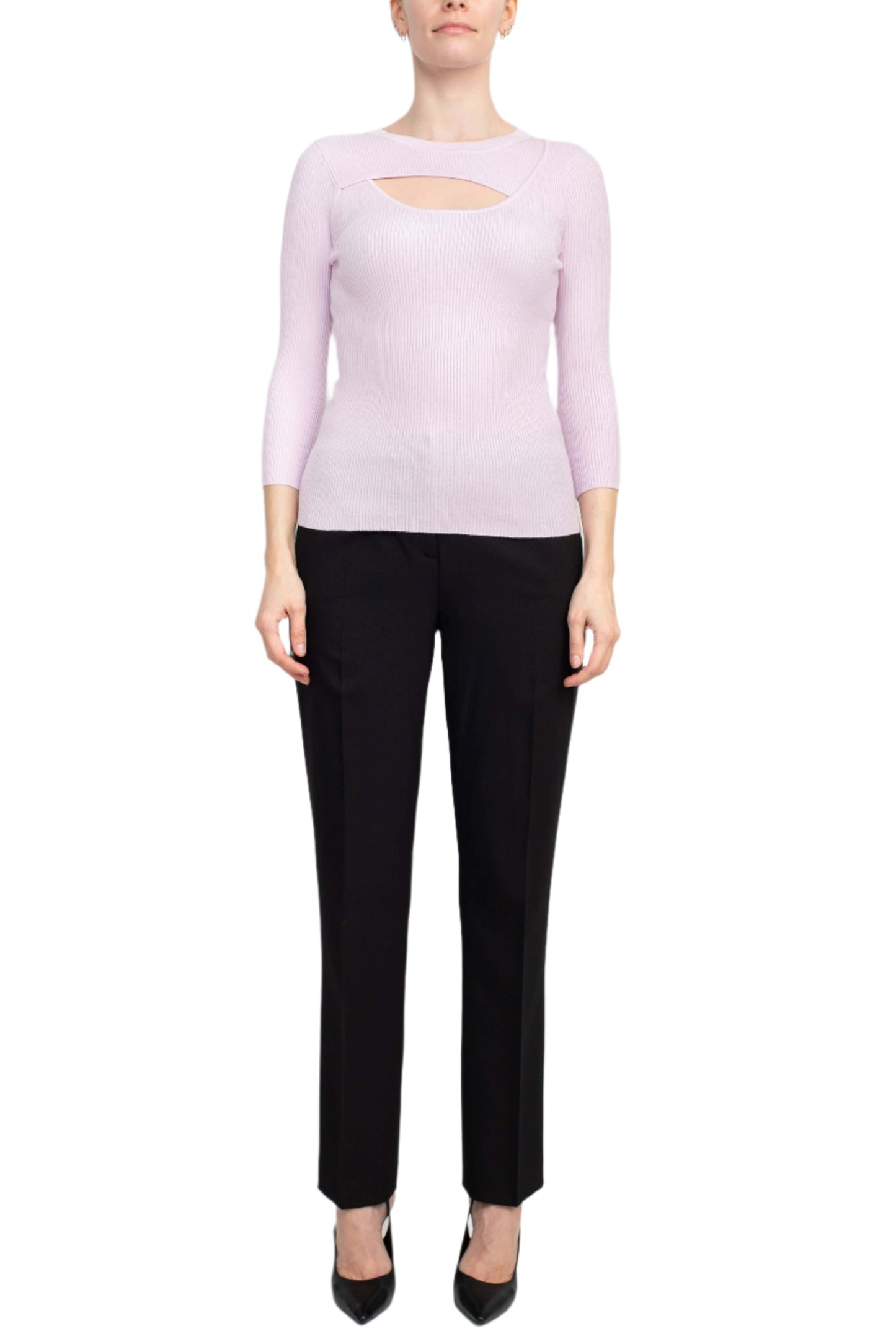 Joan Vass NY Crew Neck 3/4 Sleeve Ribbed Pullover Cutout Chest Detail Knit Top - LIGHT PINK - Front Full View