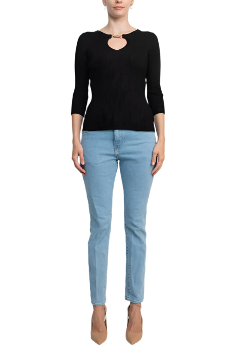 Carmen by Carmen Marc Valvo Boat Neck Cutout Front 3/4 Sleeve Ribbed Pullover Gold and Crystal Hardware Trim Solid Knit Top - BLACK - Front Full View