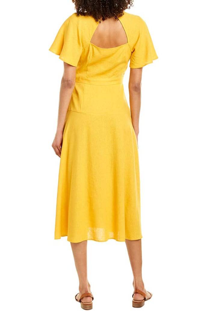 Donna Morgan Surplice Wrap Short Sleeve Tie Waist Button Detail Cutout Back Polyester Dress - MELLOW YELLOW - Back