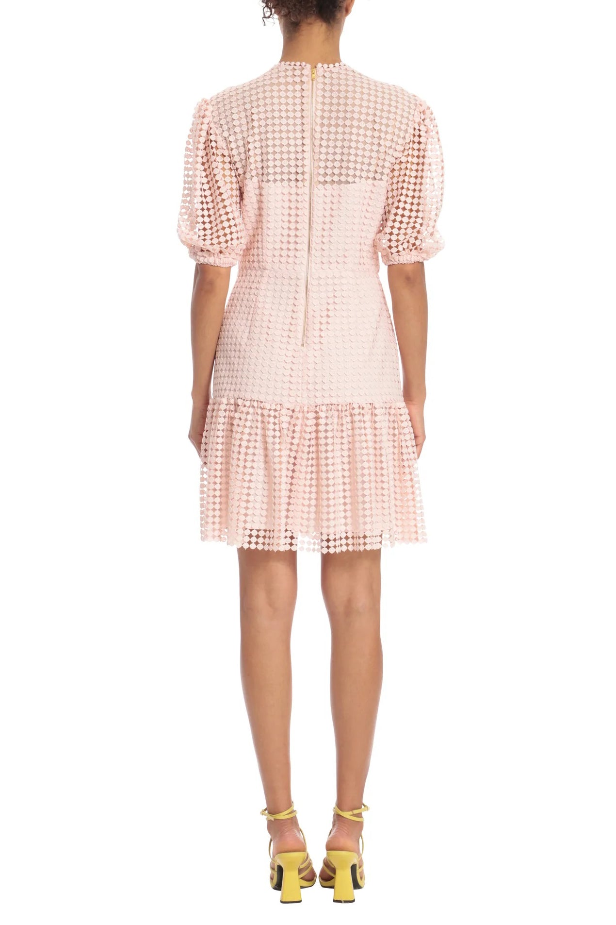 Donna Morgan Crew Neck Short Puff Sleeves Back Zipper Short Lace Dress - BLUSH - back