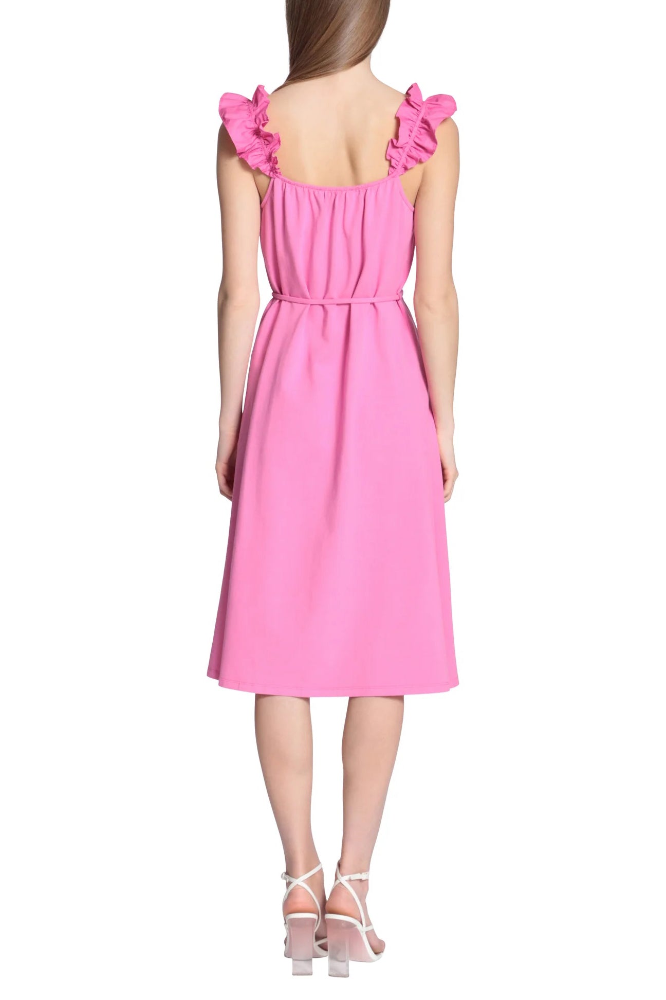 Donna Morgan Square Neck Sleeveless Back Zipper Self Waist Detail Tie Midi Cotton Dress - STRAWBERRY MOON - back