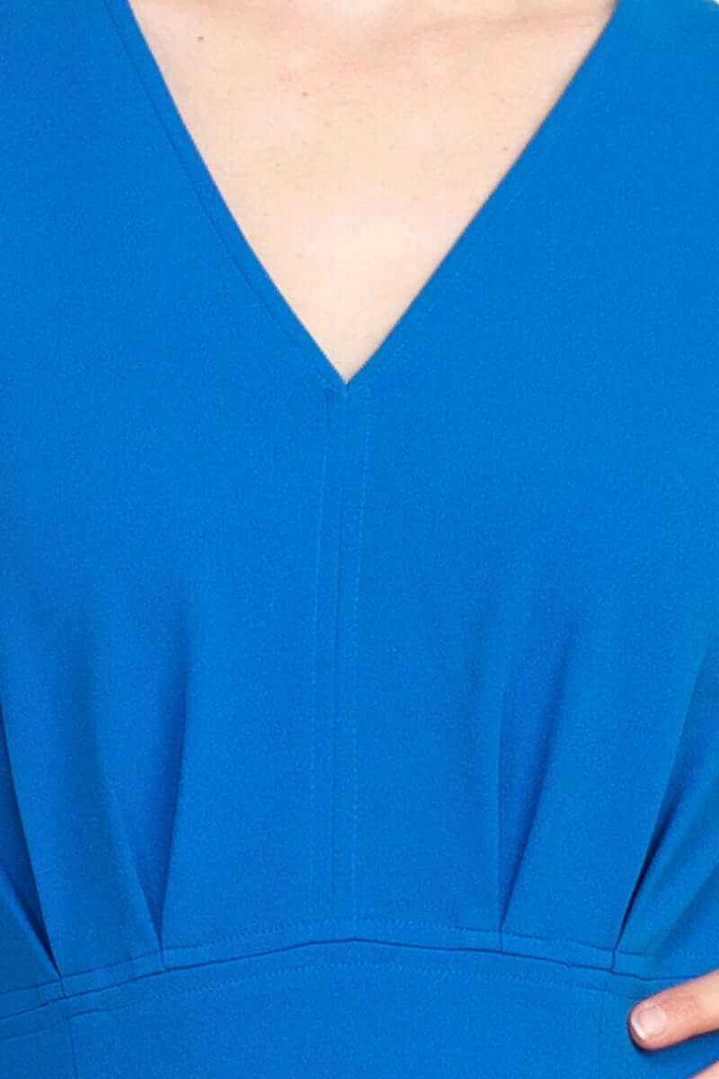 Donna Morgan V-Neck Elastic Cuffed 3/4 Sleeve Pleated Solid Sheath Zipper Back Stretch Crepe Dress - FRENCH BLUE - NECK DETAILED VIEW