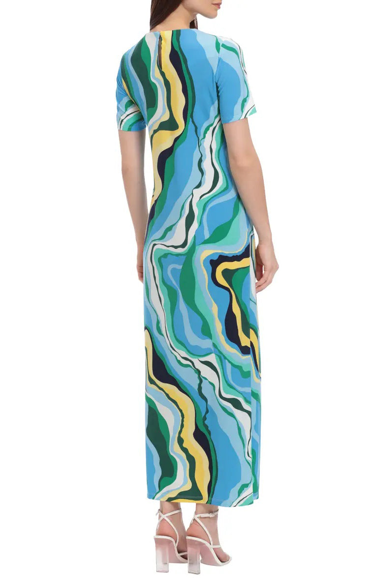 Donna Morgan Crew Neck Short Sleeve Pull Over Long Jersey Maxi Dress - WHITE BLUE - Back