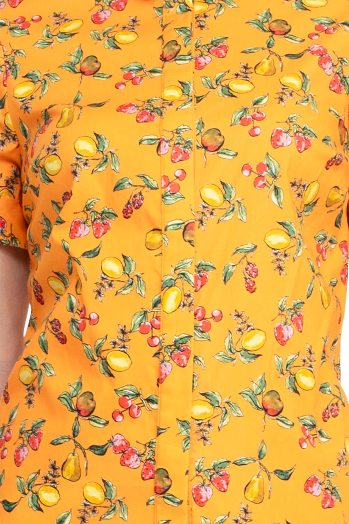 Donna Morgan Collared High Neck Button Down Folded Short Sleeve Multi Print Cotton Blend Dress with Pockets - AMBER RED - Fabric