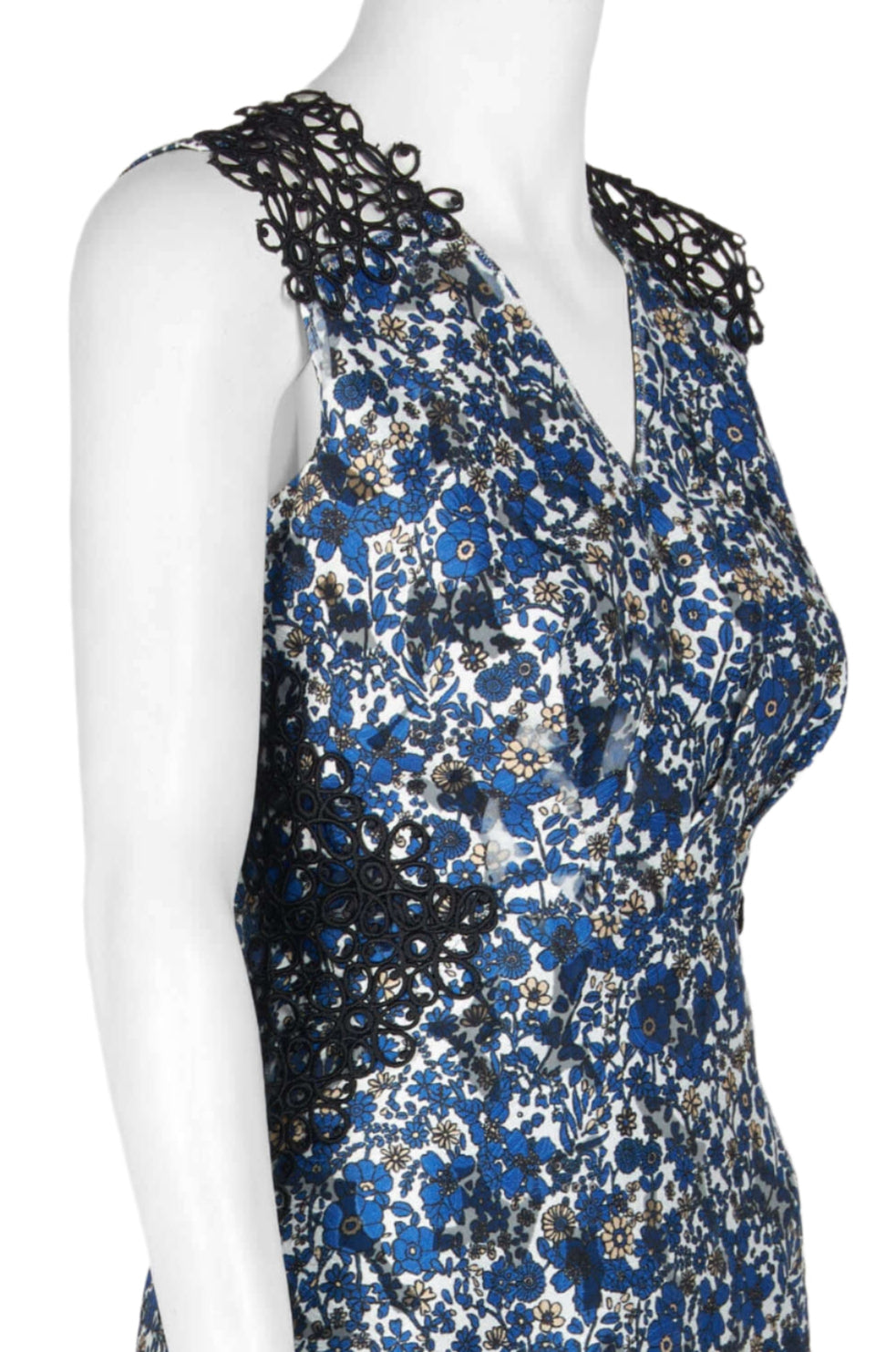 Elie Tahari V-Neck Sleeveless Zipper Back A-Line Floral Burnout Crochet Dress - DARK OZONE - Neck View