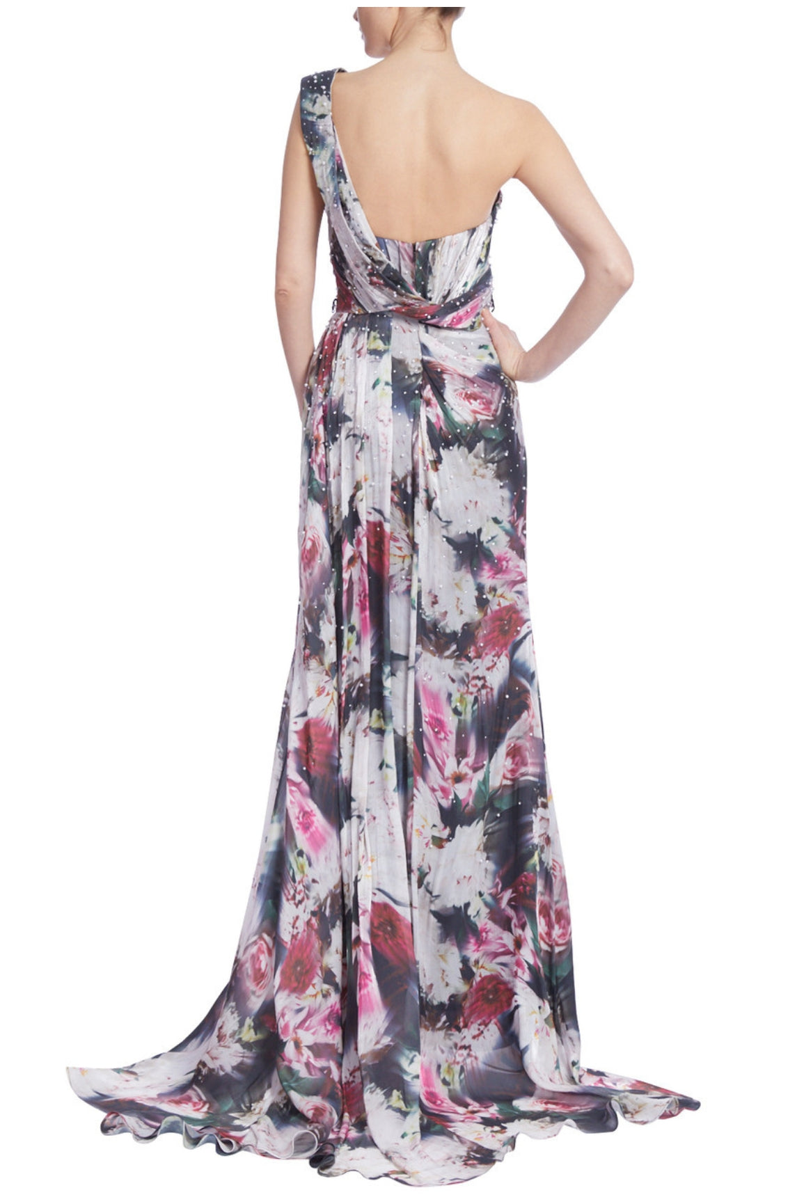 Badgley Mischka Beaded Floral One-Shoulder Front Slit Gown - Wholesale - FUCHSIA MULTI - Back