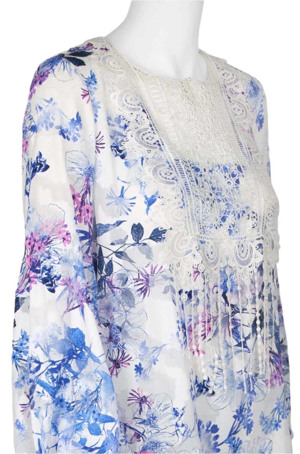T Tahari Crew Neck Bishop Sleeve Pleated Lace Multi Print Paisley Blouse - WHITE MULTI - side