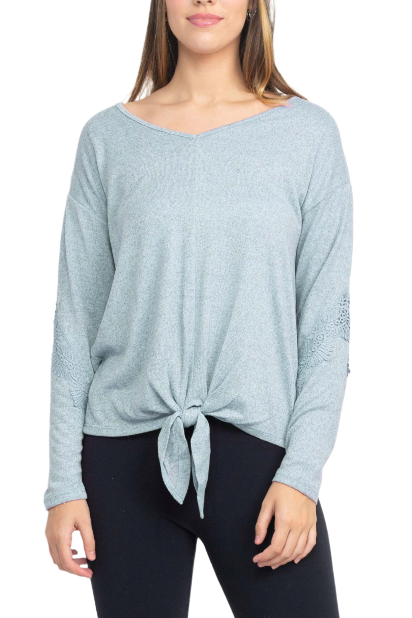 Tint + Shadow Boat Neck Long Sleeve Tie Front Hem Solid Knit Top - BLUE - Front