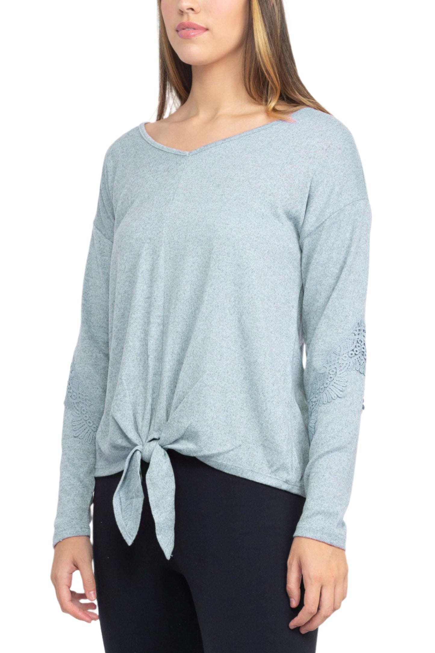 Tint + Shadow Boat Neck Long Sleeve Tie Front Hem Solid Knit Top - BLUE - Side