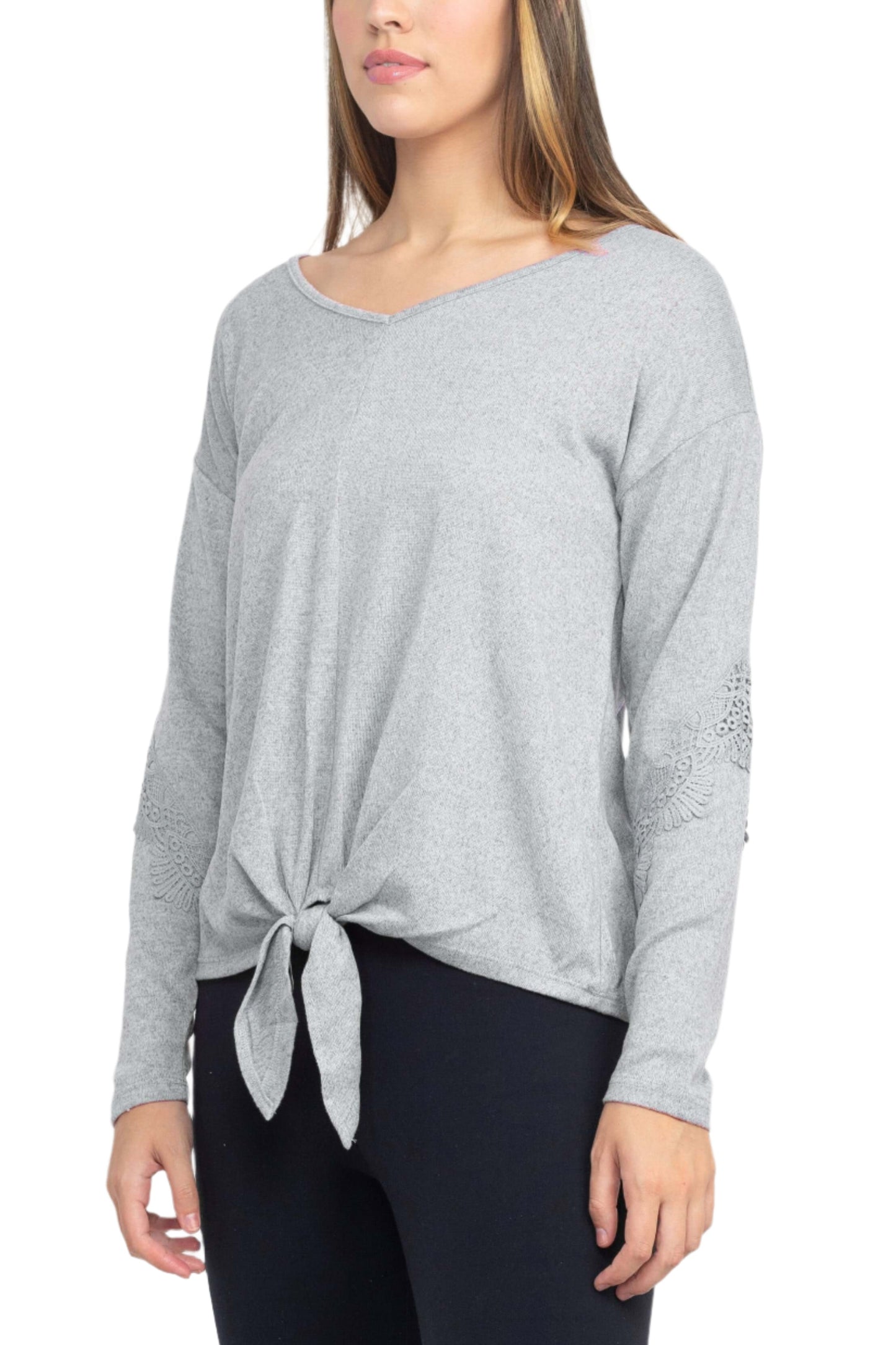 Tint + Shadow Boat Neck Long Sleeve Tie Front Hem Solid Knit Top - HEATHER GREY - Side