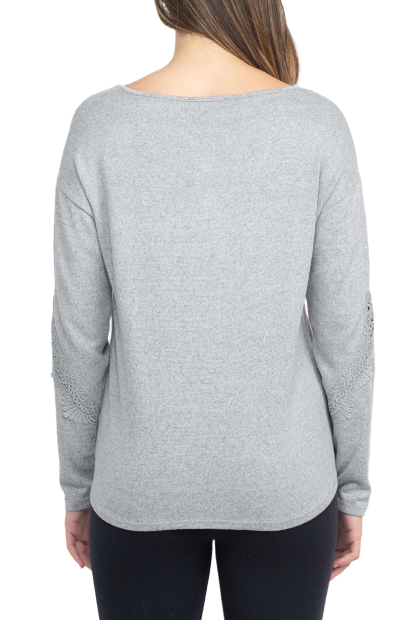 Tint + Shadow Boat Neck Long Sleeve Tie Front Hem Solid Knit Top - HEATHER GREY - Back