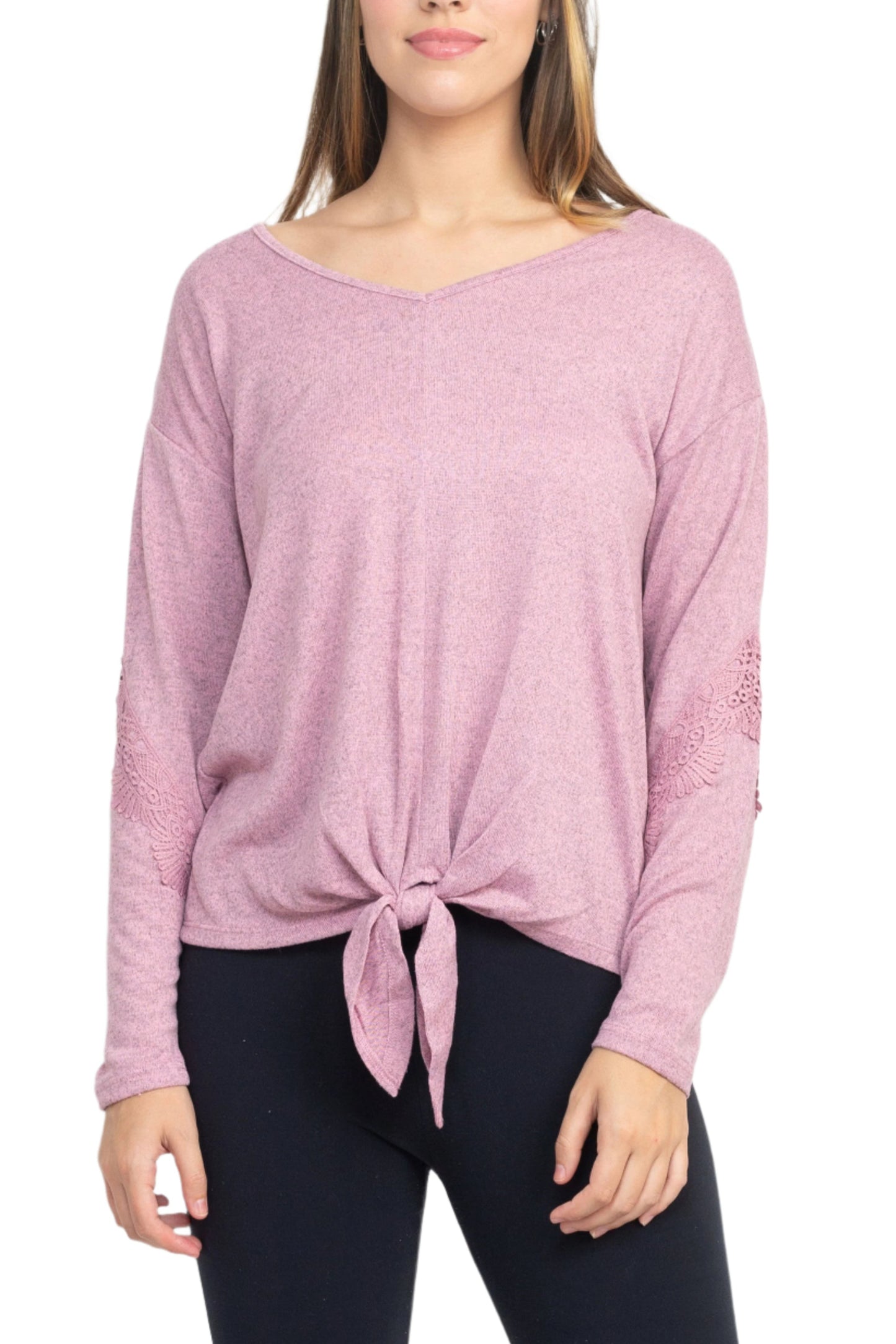 Tint + Shadow Boat Neck Long Sleeve Tie Front Hem Solid Knit Top - PINK - Front