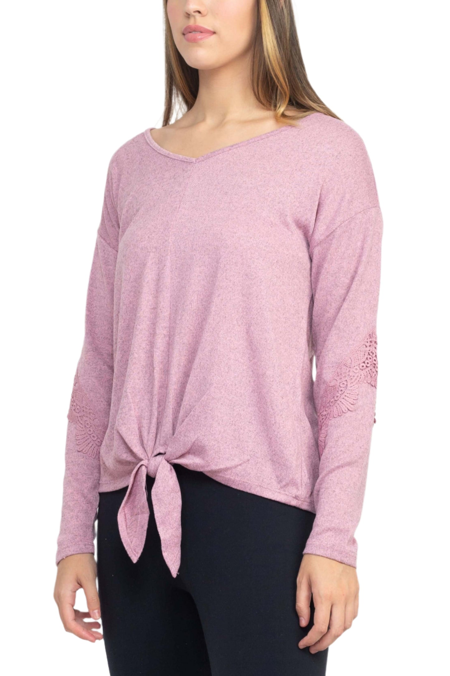Tint + Shadow Boat Neck Long Sleeve Tie Front Hem Solid Knit Top - PINK - Side