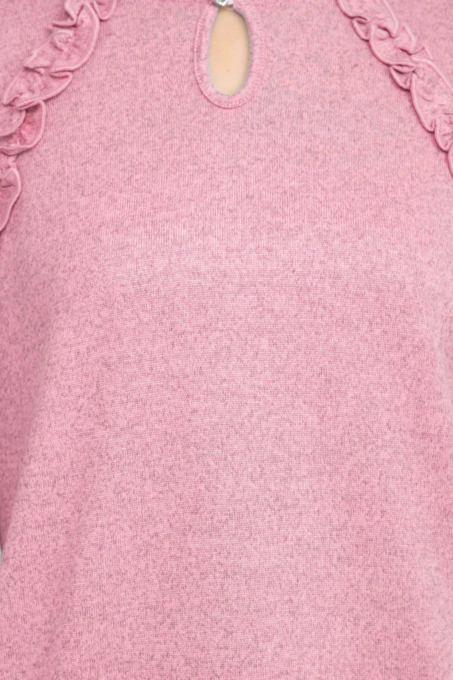 Tint + Shadow 3/4 Sleeve Crew Neck with Rhinestone Button Keyhole & Front Ruffle detail Knit Top - PINK - Fabric