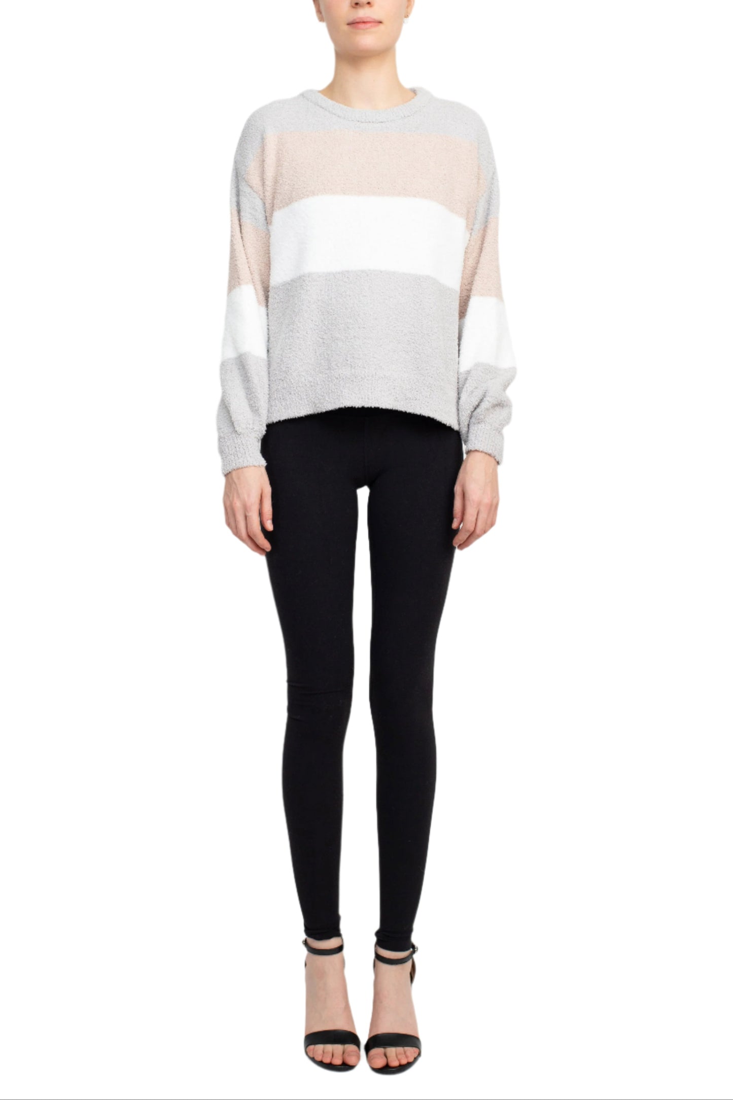 M Magaschoni Crew Neck Long Sleeve Fuzzy Sweater - NEUTRAL COMBO - Front Full View