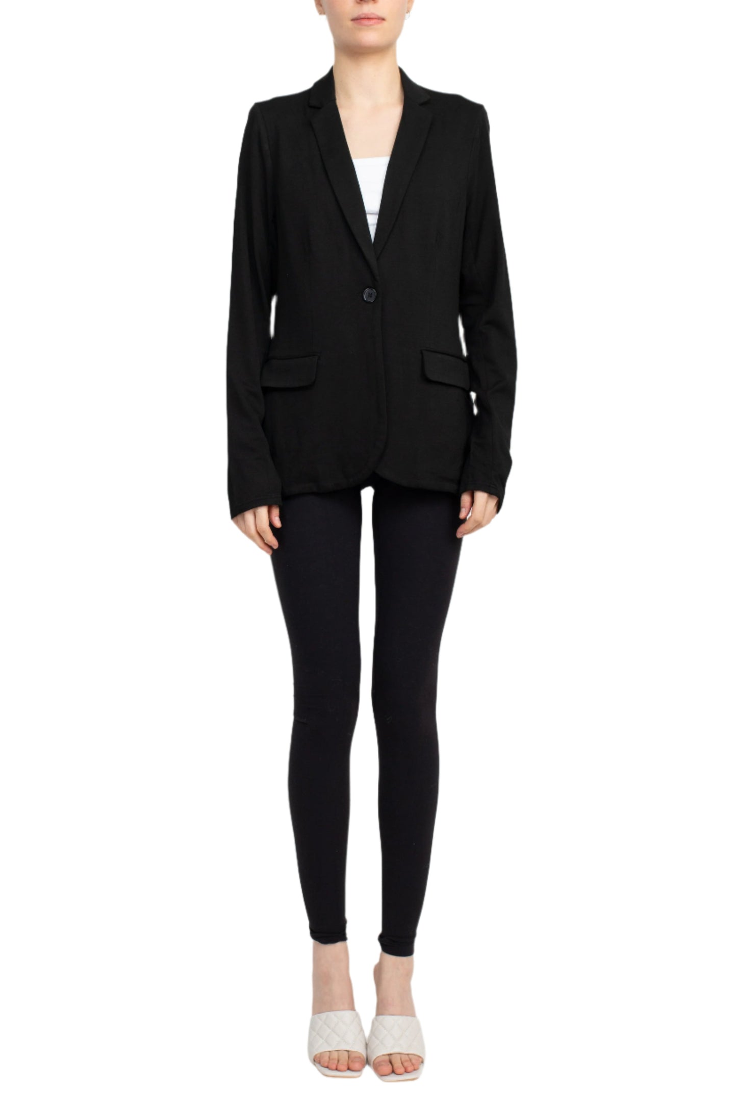 M Magaschoni Notch Collar Long Sleeve Flap Pockets 1 Button Closure Rayon Blazer - BLACK - Front Full View