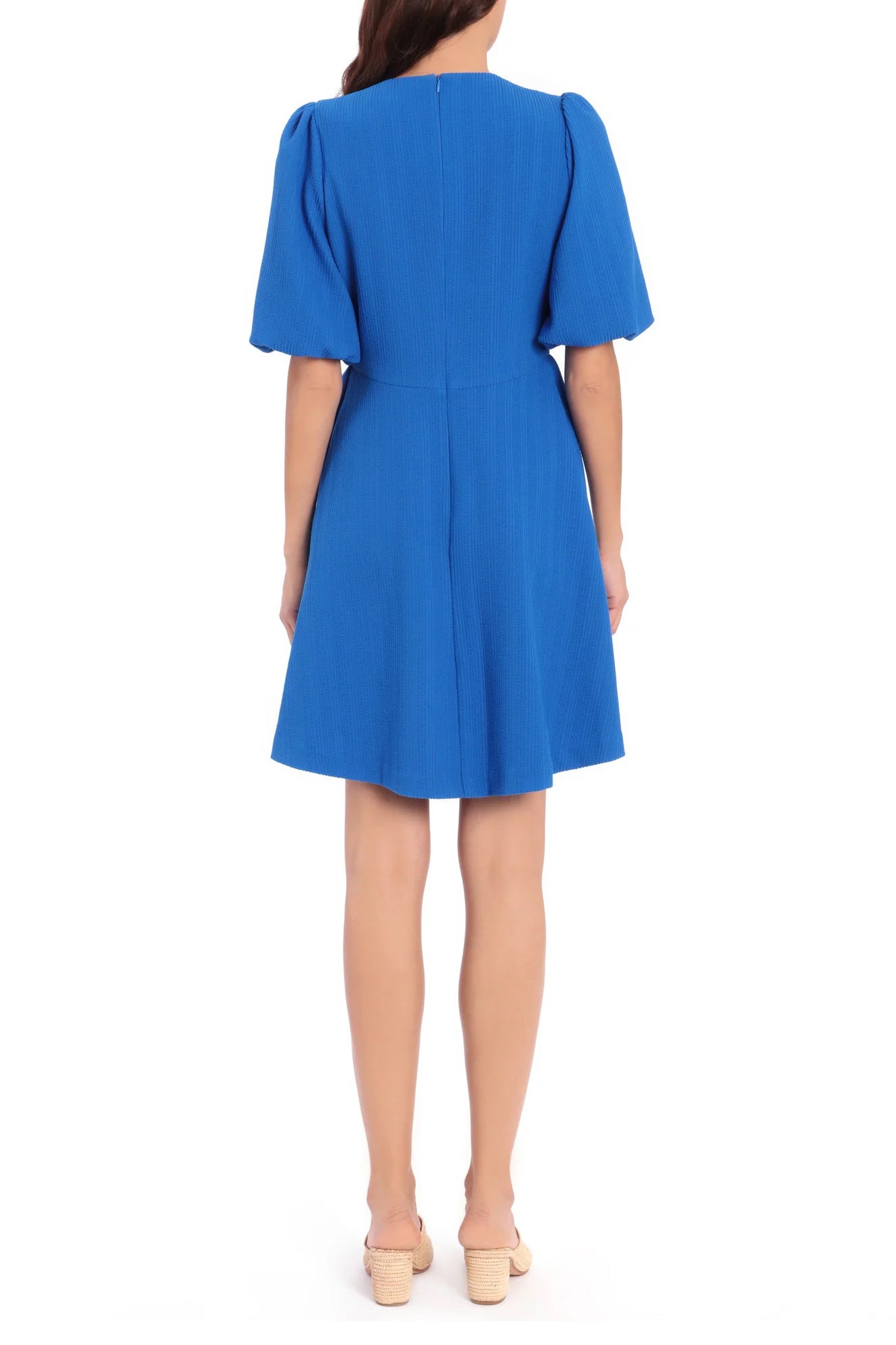 Maggy London Crew Neck Puff Short Sleeves Back Zipper Short Knit Dress - BLUE - Back