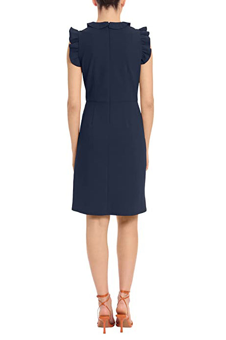 Maggy London V Neck Ruffle Sleeves Back Zipper Short Crepe Dress - TWILIGHT - back