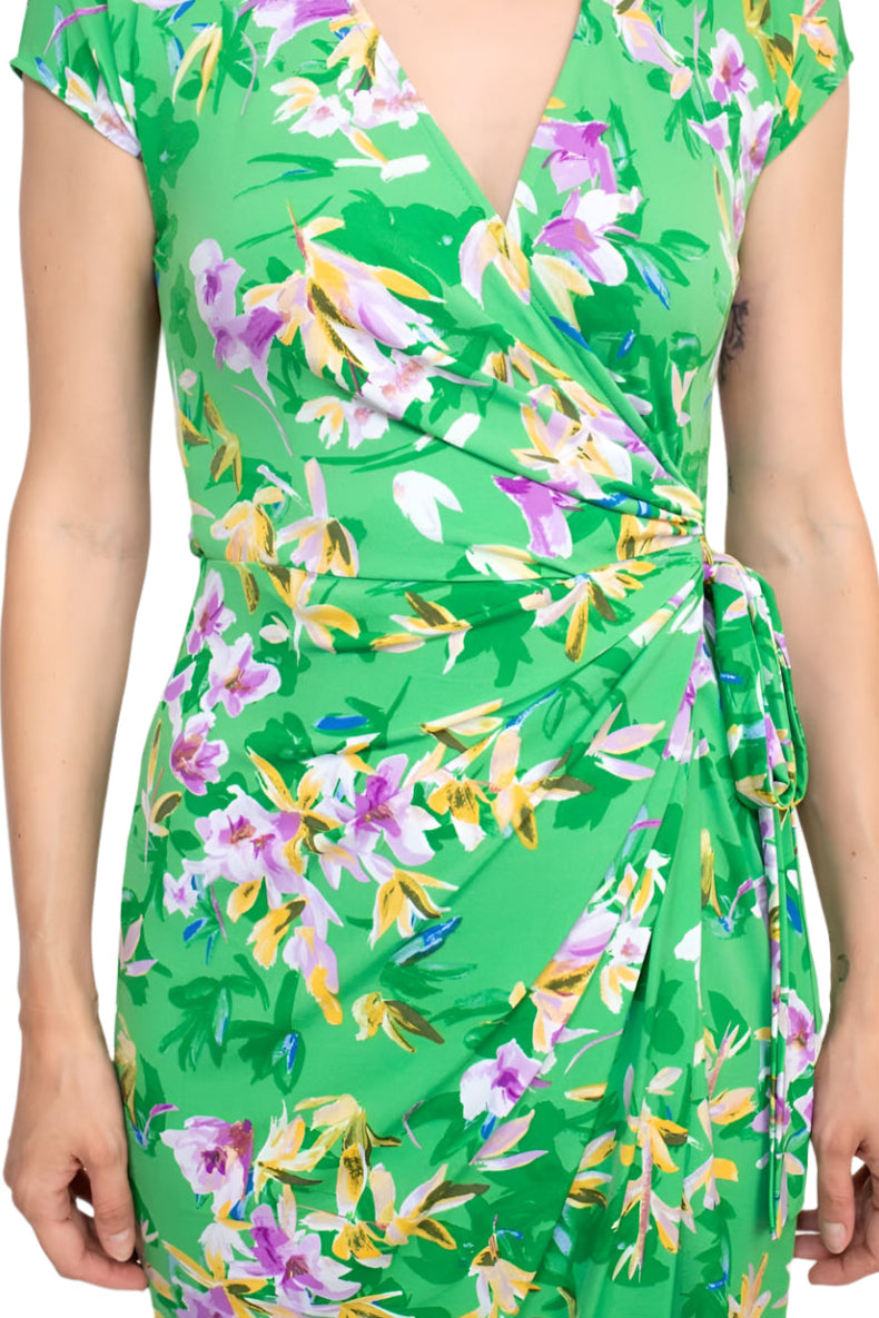 Maggy London V-Neck Cap Sleeve Tie Waist Gathered Side Floral Print Jersey Dress - GREEN MULTI - Fabric
